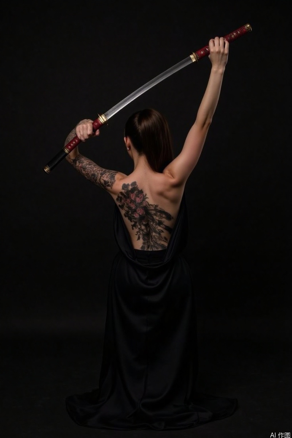 Knife-wielding beauty
The image depicts a person standing in a dramatic pose
facing away from the camera. The individual is dressed in a black
flowing garment that drapes elegantly to the floor. The person's hair is tied back
revealing a large tattoo on their upper back
which extends from the shoulder down to the lower back. The tattoo appears to be intricate
possibly floral or abstract
and is prominently displayed. The person is holding a traditional Japanese sword
which is raised above their head
suggesting a sense of readiness or readiness to engage in combat. The sword has a polished
reflective blade and a wooden handle with metal fittings
typical of a katana. The background is a solid
dark color
which contrasts sharply with the person and the sword
making them stand out prominently. The overall composition of the image
with the person's back facing the viewer and the sword raised
creates a striking and dramatic visual effect.