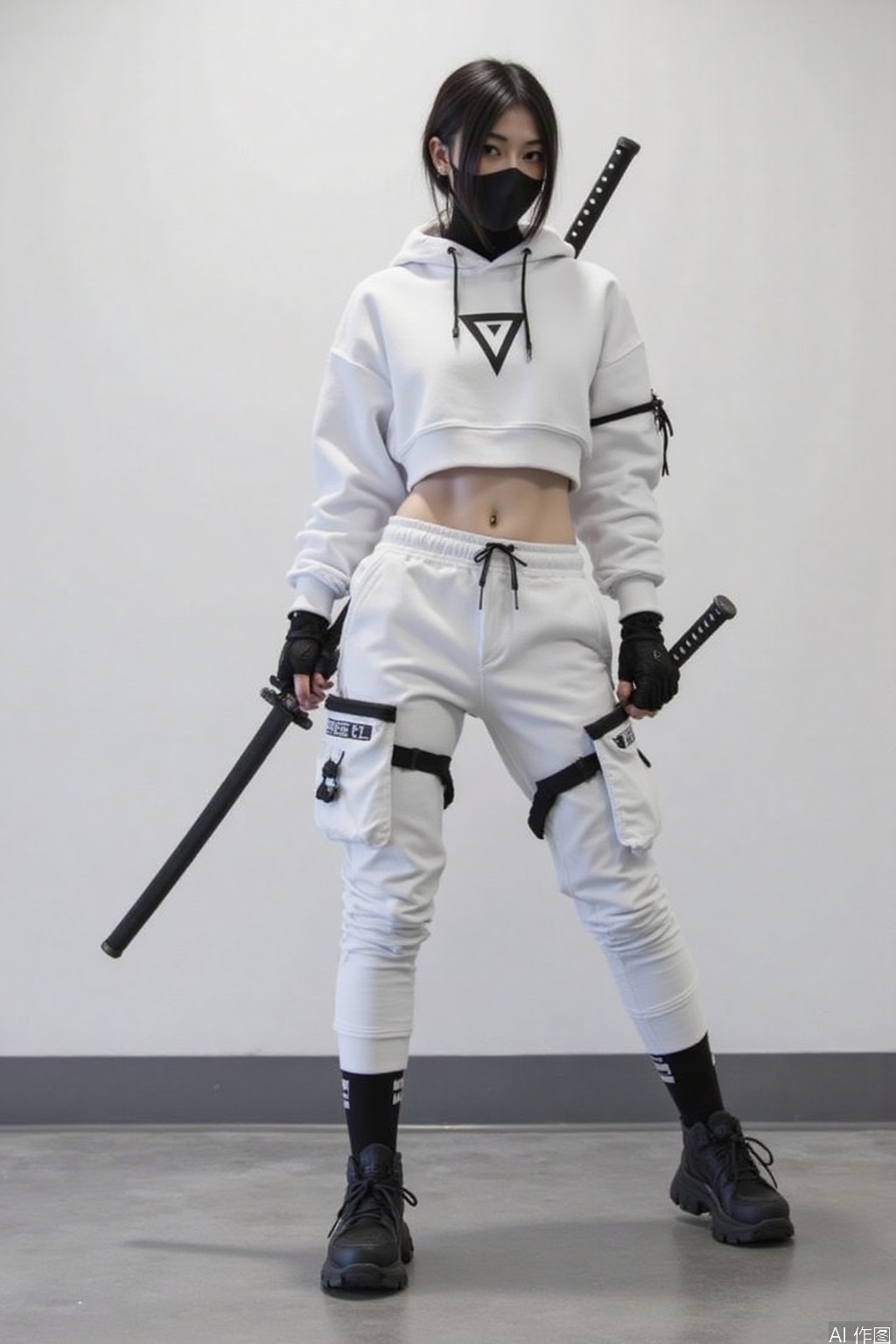 Knife-wielding beauty
The image shows a person dressed in a futuristic
tactical outfit
holding two swords. The outfit consists of a cropped white hoodie with a black triangle logo
white cropped pants with multiple utility pockets
and black high-top sneakers. The person is also wearing black fingerless gloves and a black mask covering the lower half of their face. The background is a plain
light-colored wall
and the floor appears to be a smooth
gray surface. The person is posed in a dynamic stance
with one leg slightly bent and the other straight
holding the swords in a ready position. The overall aesthetic is modern and edgy
with a strong emphasis on utility and combat-ready gear.
