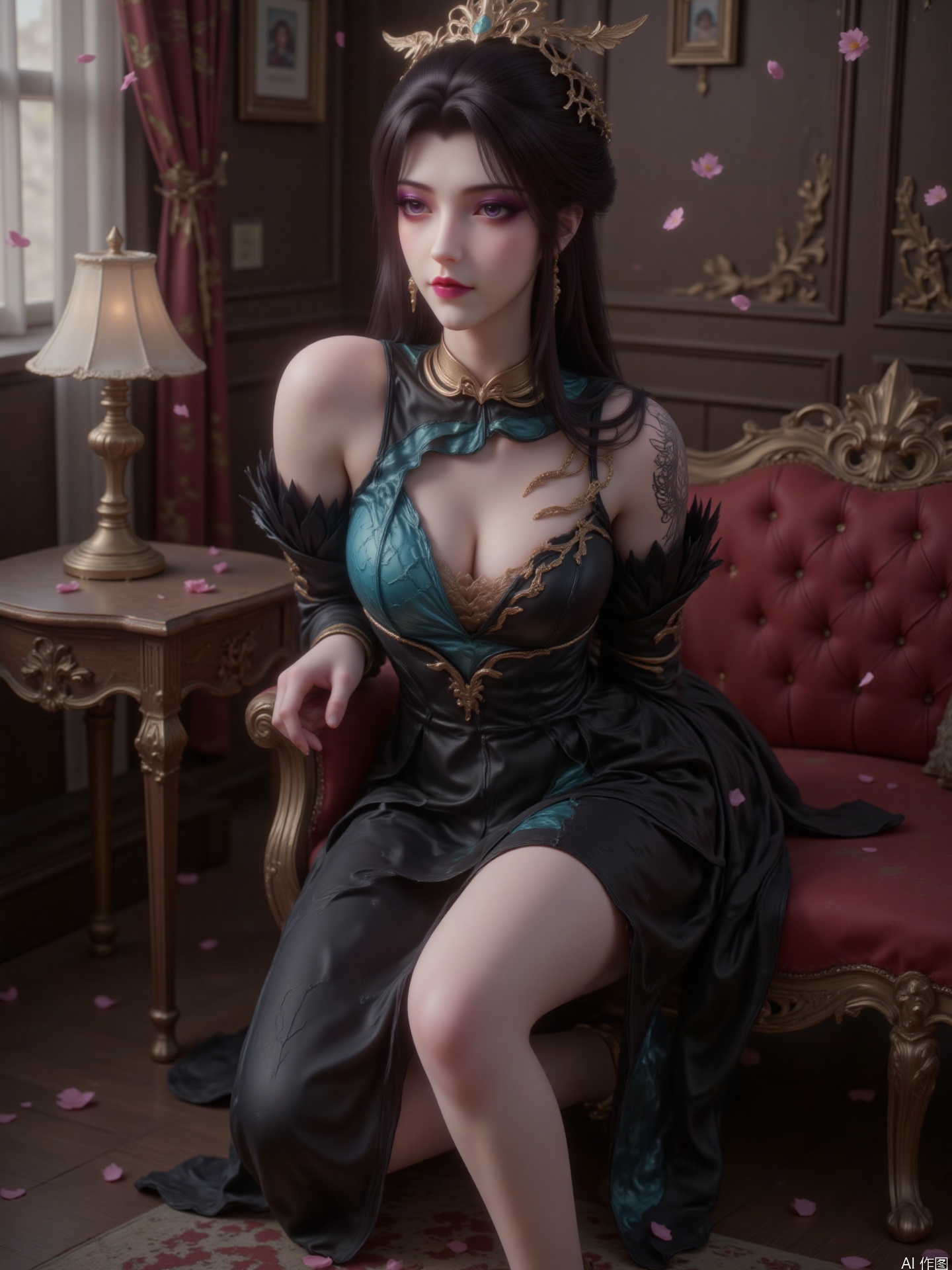 The picture shows a woman with long black hair, with purple eyeshadow and purple red lips, delicate makeup, three-dimensional facial features, and a golden headdress and earrings.
She was wearing a gorgeous long dress. The long skirt is black and cyan with delicate gold accessories on it and a black tattoo on the shoulders.
She sat on the red sofa with one hand on the edge of the sofa and the other hand hanging naturally, her legs overlapping, and her body leaned forward slightly, showing a confident and elegant posture.
The light shines in from the left side of the picture, forming a clear contrast between light and dark on the characters, highlighting the texture of the clothes, the curves of the body and the three-dimensional sense of the face. At the same time, the light and shadow effect also makes the entire scene more layered, such as the light and shadow changes of the sofa, floor and wall.
It belongs to a super realistic digital painting style, which portrays the facial details of the characters, the material texture of the clothes, and the exquisiteness of the accessories. Each decoration and wrinkle is clearly visible, giving people a strong visual impact.
The background is an interior scene with retro-style wooden furniture and decorations, a desk lamp is placed on the small table next to it and exquisitely carved decorations on the walls. Pink petals are scattered on the ground, adding a touch of romantic atmosphere, contrasting with the overall gorgeous and slightly solemn scene.