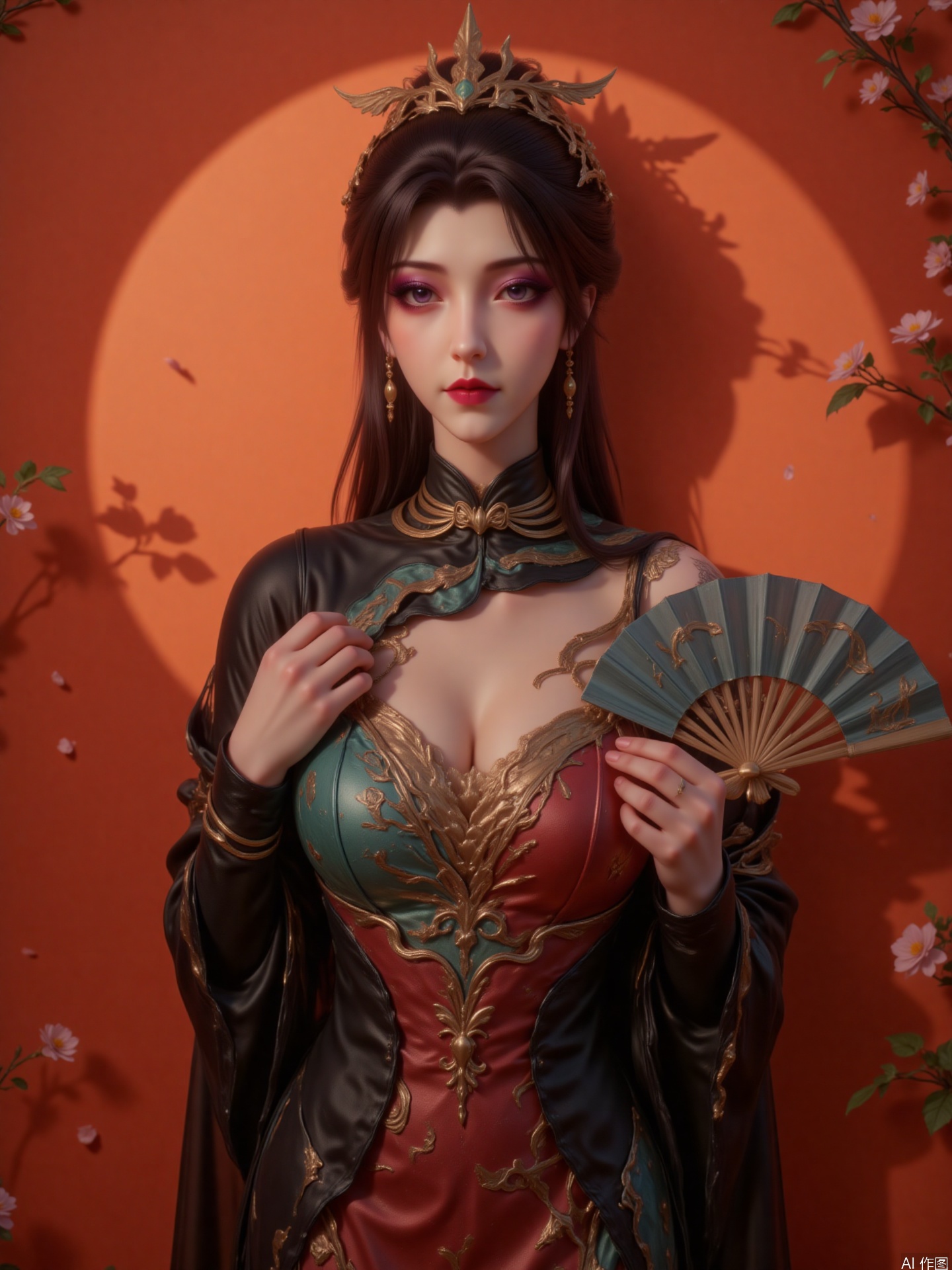 The picture shows an image of a woman wearing ancient style costumes. She wore a black top on the upper body, a deep V-shaped neckline and a red-brown long skirt on the lower body, with patterned decorations on the skirt. She holds a blue-green folding fan, which is often used as an accessory for literati and elegant people in traditional Chinese culture, and can also be used in dance performances, etc. Her hair is folded up, her makeup is exquisite, and her overall look is classic and elegant. The background is an orange-red wall with a round light and shadow on the wall and a shadow of branches and leaves beside it, creating an elegant atmosphere and embodying the charm of Chinese aesthetics.

