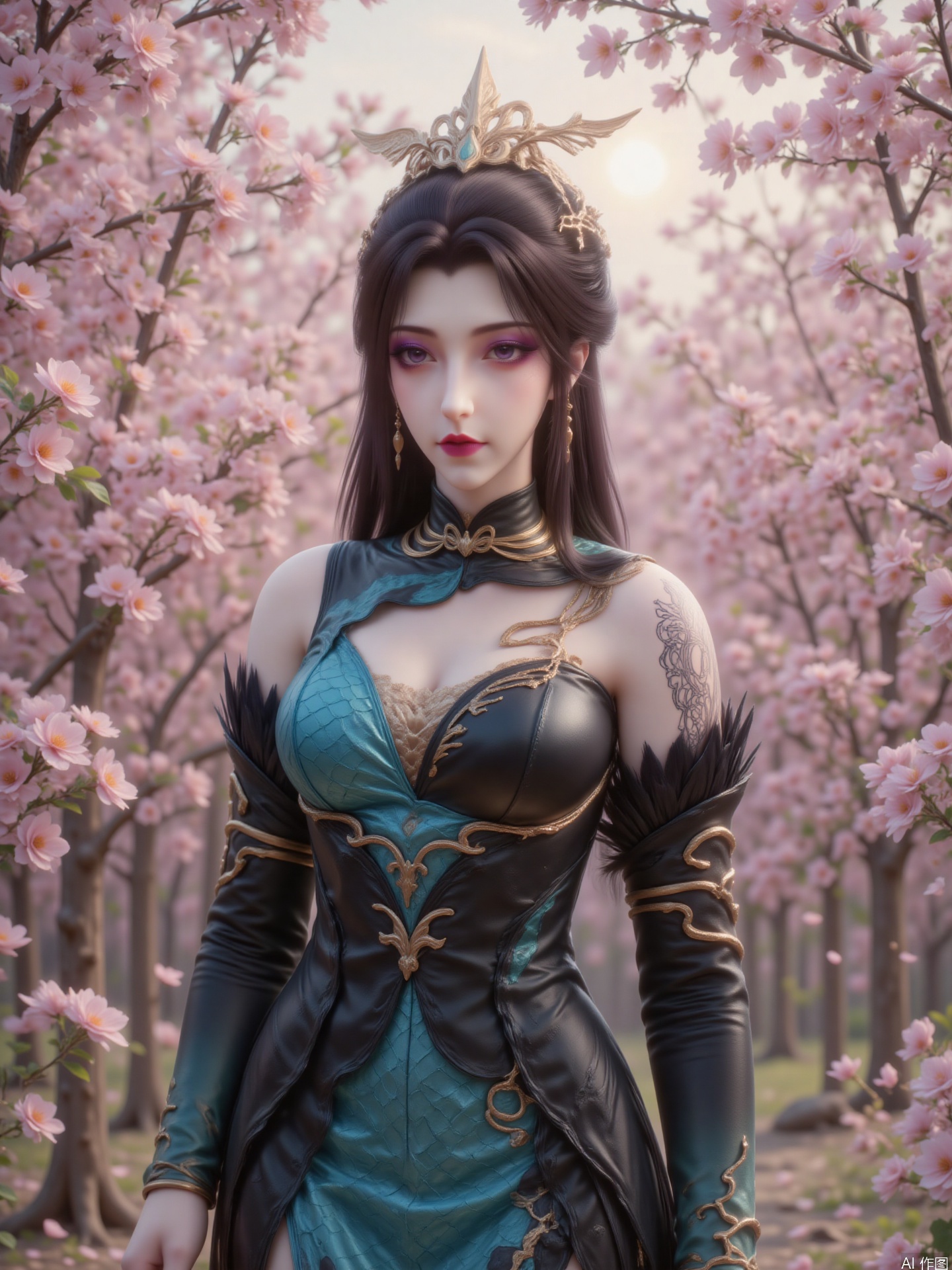 The picture shows a woman with long black hair, with purple eyeshadow and purple red lips, delicate makeup, three-dimensional facial features, and a golden headdress and earrings.
She was wearing a gorgeous long dress. The long skirt is black and cyan with delicate gold accessories on it and a black tattoo on the shoulders.
She stands in the blooming peach forest, with pink peach blossoms lush in the background, and the sun shines through the branches, creating a dreamy and beautiful atmosphere, showing the beauty of oriental classical romanticism.