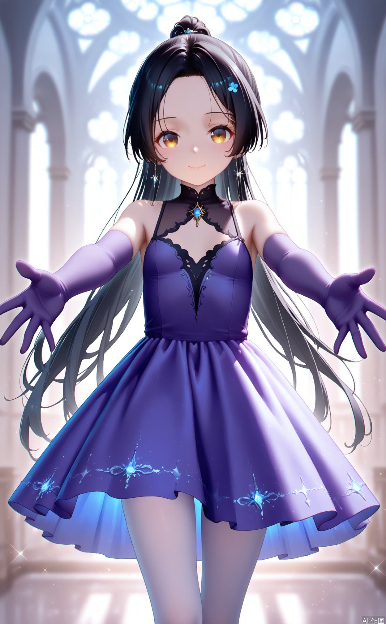 masterpiece,very aware,highres,absurdres,newest,best quality,high quality,loli,chromatic_aberration,Light Blue Theme,//,1girl, solo, white_pantyhose,gloves, pantyhose, dress, white pantyhose, elbow gloves, long hair, purple dress, ponytail, purple gloves, looking at viewer, smile, purple hair, ballet, black hair, blush, ballerina, yellow eyes, blurry background, forehead, bare shoulders, closed mouth, see-through, outstretched arms, very long hair, blurry, reaching towards viewer, reaching, sleeveless, blue dress, sparkle, brown eyes//,year_2023,year_2024,buzhidao228 style,//,official art,depth of field,detailed light,blurry background,cinematic lighting,ray tracing,ultra detailed,god rays,backlighting,photo background,chromatic aberration,volumetric lighting,depth of field,blurry background,cinematic lighting,very aesthetic,,