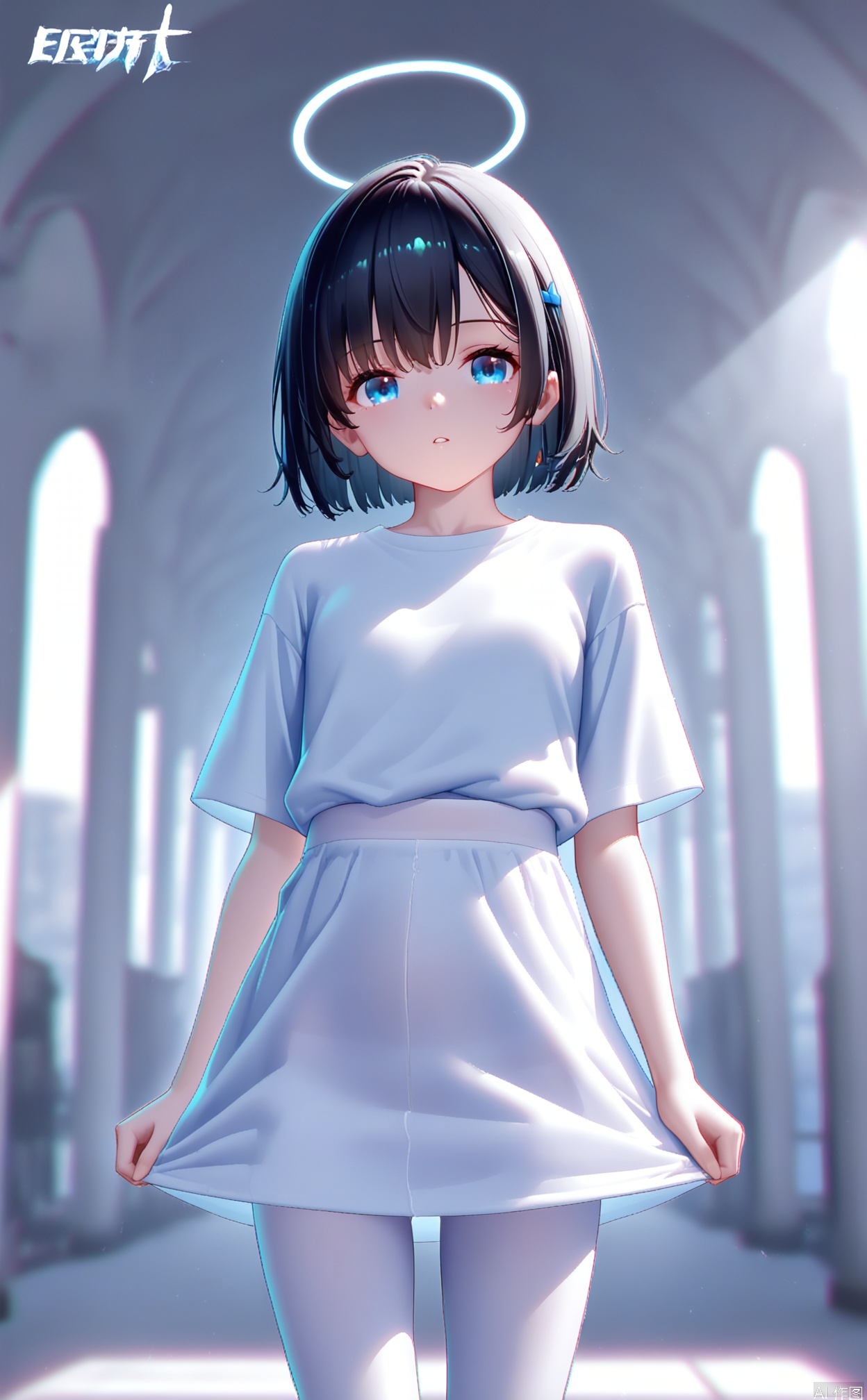 masterpiece,very aware,highres,absurdres,newest,best quality,high quality,loli,chromatic_aberration,Light Blue Theme,
//,
white_background,cowboy_shot,short_sleeve_shirt, white_pantyhose, soft_fabric, casual_style
//,
year_2023,year_2024,buzhidao228 style,
//,
official art,depth of field,detailed light,blurry background,cinematic lighting,ray tracing,ultra detailed,god rays,backlighting,photo background,chromatic aberration,volumetric lighting,depth of field,blurry background,cinematic lighting,very aesthetic,,