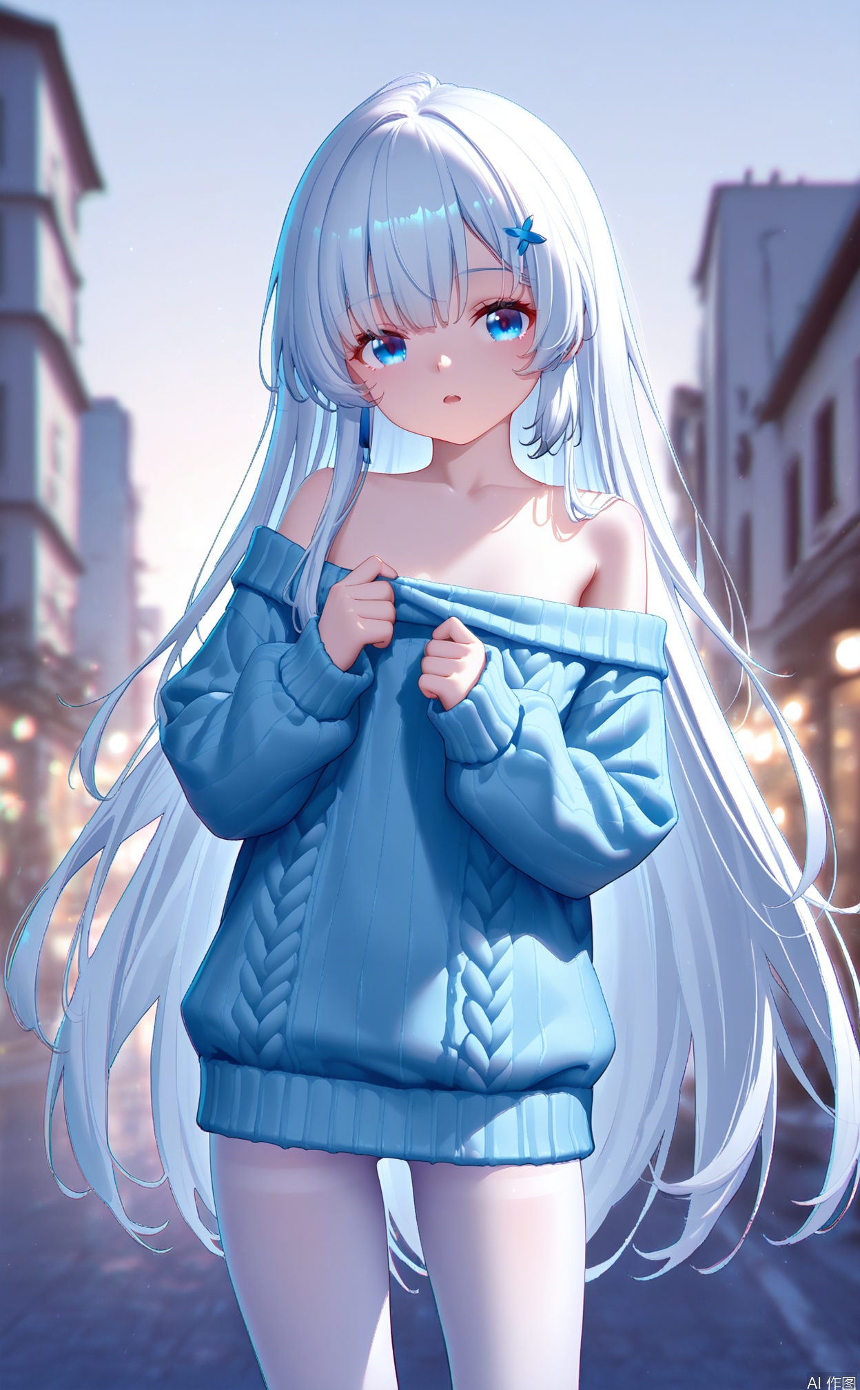 masterpiece,very aware,highres,absurdres,newest,best quality,high quality,loli,chromatic_aberration,Light Blue Theme,
//,
white_background,cowboy_shot,off_shoulder_sweater, white_pantyhose, soft_knit, cozy_style
//,
year_2023,year_2024,buzhidao228 style,
//,
official art,depth of field,detailed light,blurry background,cinematic lighting,ray tracing,ultra detailed,god rays,backlighting,photo background,chromatic aberration,volumetric lighting,depth of field,blurry background,cinematic lighting,very aesthetic,,