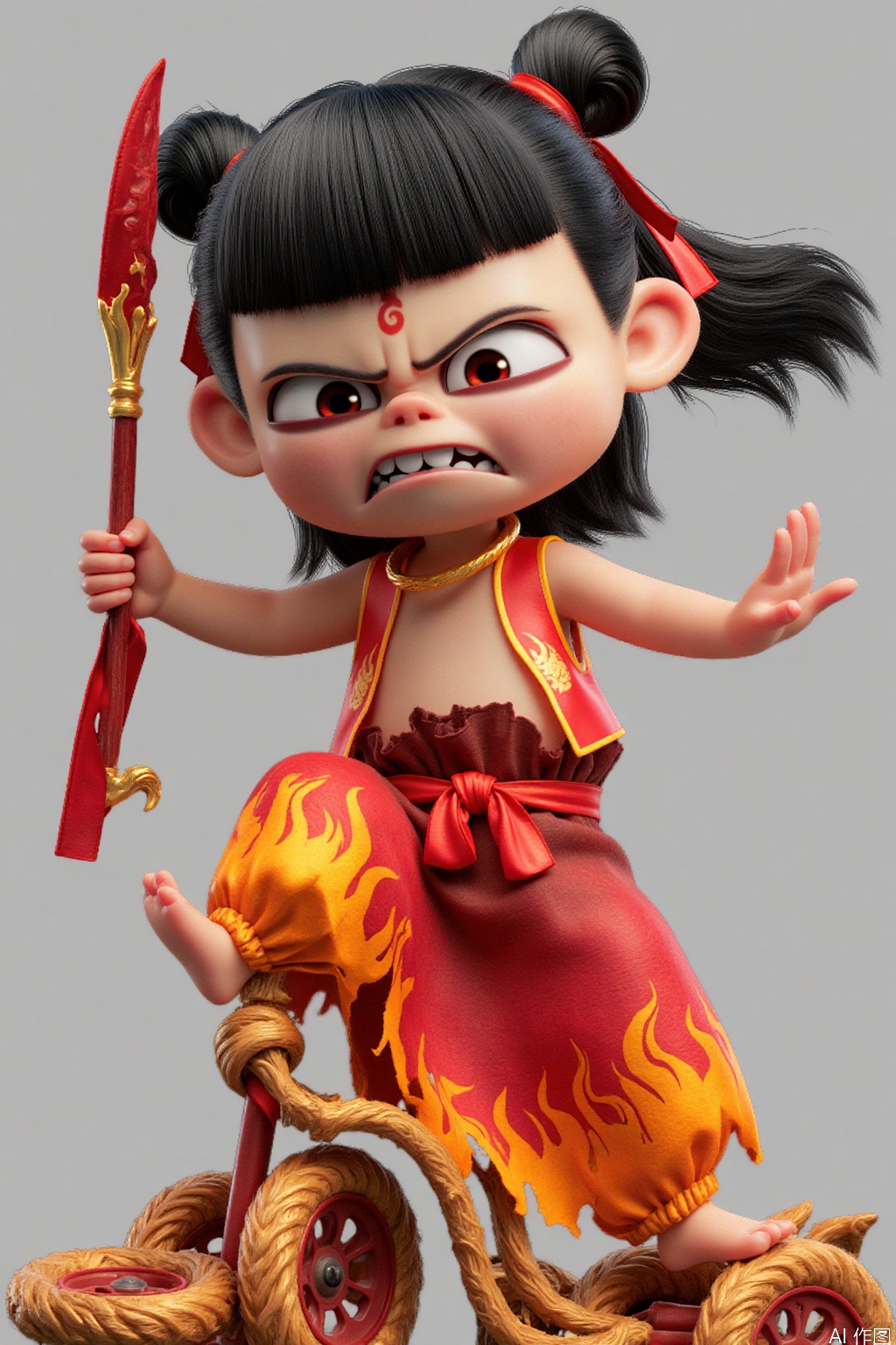 nz,A medium-sized Asian doll, Her hair is pulled back in a ponytail,she steps on the Wind - Fire Wheels which are ablaze with orange - red flames, have serrated edges that glint coldly when rotating and enable lightning - fast flight to cover vast distances instantly, spinning rapidly in mid - air. In his left hand, he holds the Heaven - Mixing Silk Ribbon which is like flowing flames, embroidered with golden dragon patterns, can stretch at will, bind enemies easily and control water flow. In his right hand, he raises the Red - Tasseled Spear which has a long, straight shaft, an inverted - triangle tip glinting coldly and when wielded, the tip stabs like lightning to deliver instant fatal blows. His hair is flying and his eyes are wide open angrily.