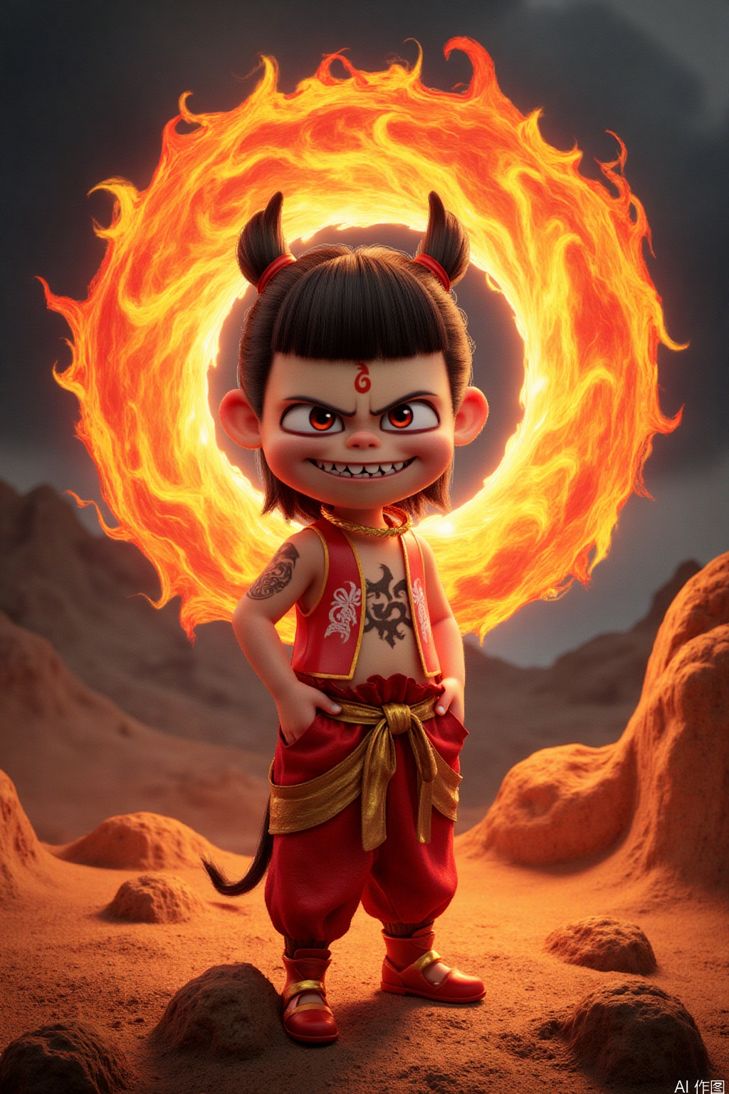 The demon child Nezha stood in the center of the flame vortex with his hands in his pockets, his smoky eyes were red, his fangs were smiling evilly, his muddy silk flowed like lava, the background was dark clouds and lightning, and the dark Chinese comic style,nezha