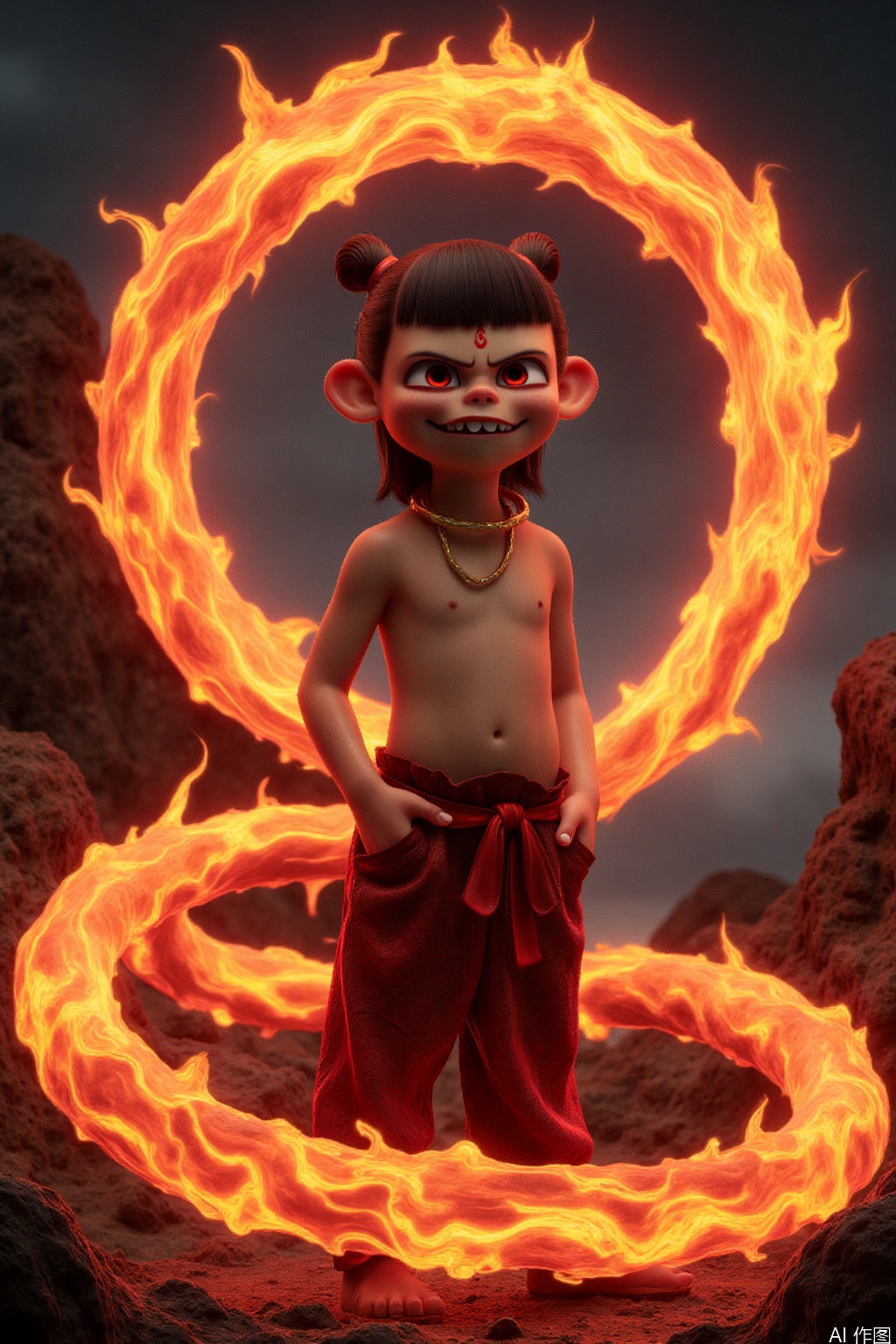 The demon child Nezha stood in the center of the flame vortex with his hands in his pockets, his smoky eyes were red, his fangs were smiling evilly, his muddy silk flowed like lava, the background was dark clouds and lightning, and the dark Chinese comic style,nezha