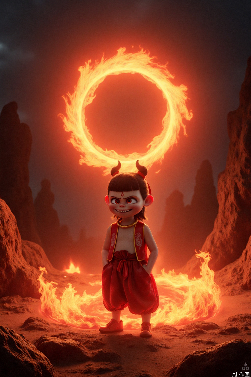 The demon child Nezha stood in the center of the flame vortex with his hands in his pockets, his smoky eyes were red, his fangs were smiling evilly, his muddy silk flowed like lava, the background was dark clouds and lightning, and the dark Chinese comic style