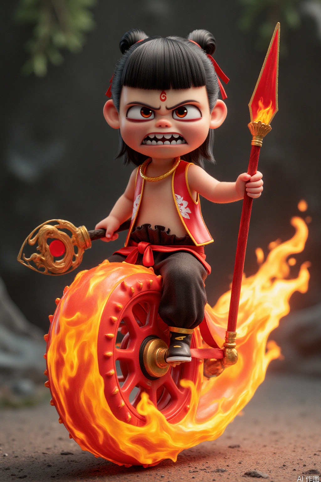 nz,A medium-sized Asian doll, Her hair is pulled back in a ponytail,she steps on the Wind - Fire Wheels which are ablaze with orange - red flames, have serrated edges that glint coldly when rotating and enable lightning - fast flight to cover vast distances instantly, spinning rapidly in mid - air. In his left hand, he holds the Heaven - Mixing Silk Ribbon which is like flowing flames, embroidered with golden dragon patterns, can stretch at will, bind enemies easily and control water flow. In his right hand, he raises the Red - Tasseled Spear which has a long, straight shaft, an inverted - triangle tip glinting coldly and when wielded, the tip stabs like lightning to deliver instant fatal blows. His hair is flying and his eyes are wide open angrily.