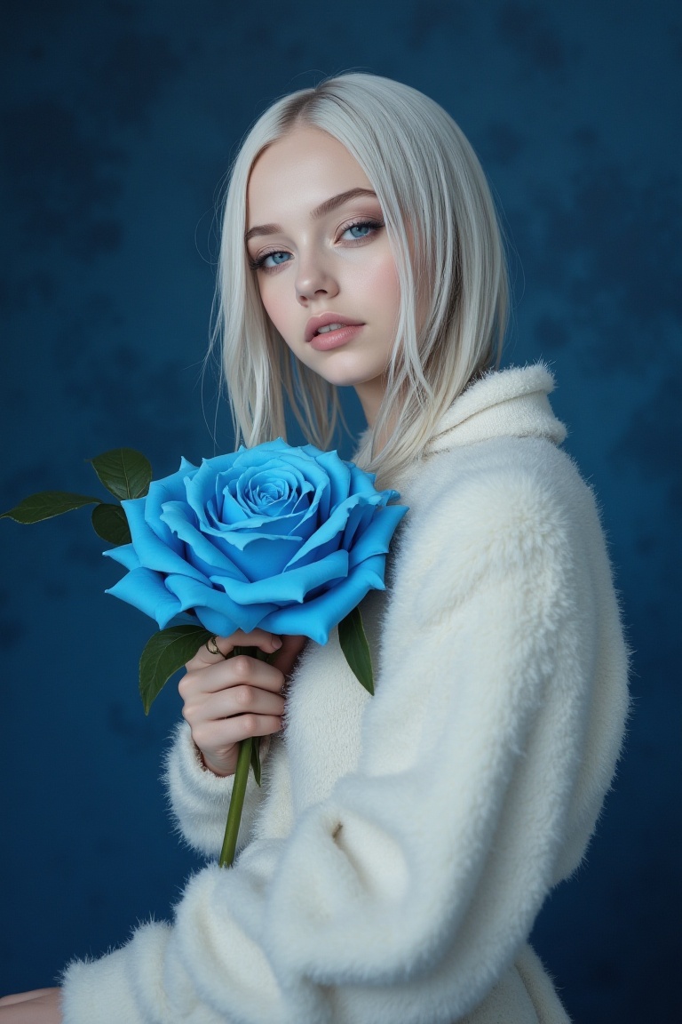 The features a real fine art portrait of a pale white-haired ***** woman with porcelain skin and icy blue eyes,  midriff,...