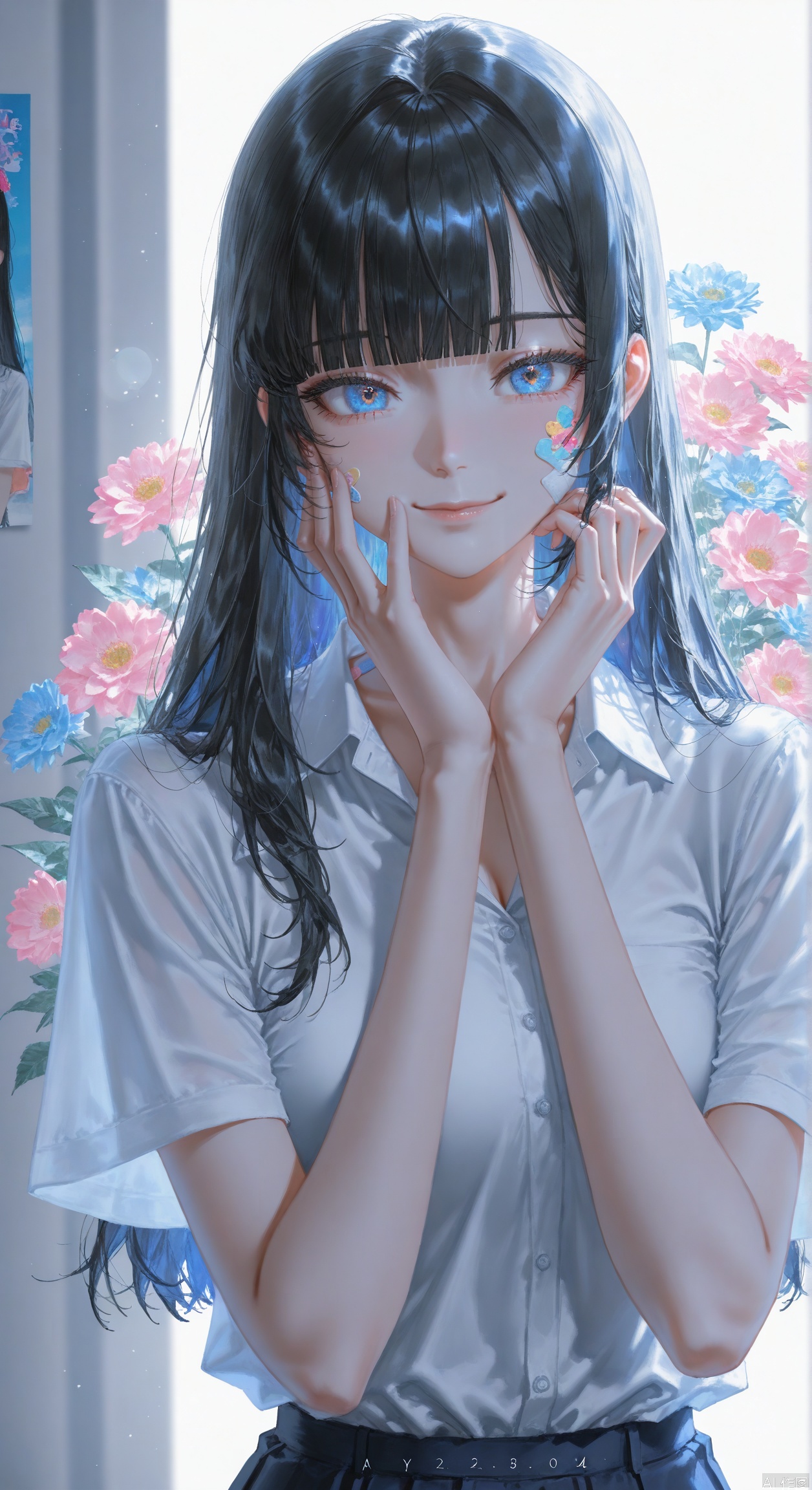 1girl, solo, long hair, looking at viewer, smile, bangs, shirt, black hair, white shirt, upper body, flower, short sleeves, collared shirt, blunt bangs, english text, bandaid, pink flower, hand on own face, sticker ,backlighting,blue and white theme,depth of field,cinematic lighting,light particles,lens flare, (artist:quasarcake:0.8),extreme aesthetic,(wlop:0.6),masterpiece,best quality,good quality,newest,year 2024,year 2023,very aesthetic,absurdres,Visual impact,A shot with tension, ultra-high resolution,32K UHD,sharp focus,best-quality,masterpiece,Emotionalization,unconventional supreme masterpiece,masterful details,temperate atmosphere,with a high-end texture,in the style of fashion photography, (Visual impact:1.2),giving the poster a dynamic and visually striking appearance,impactful picture,offcial art,colorful,splash of color,movie perspective, masterpiece,best quality,amazing quality,very aesthetic,absurdres,best quality,newest,Artist Style