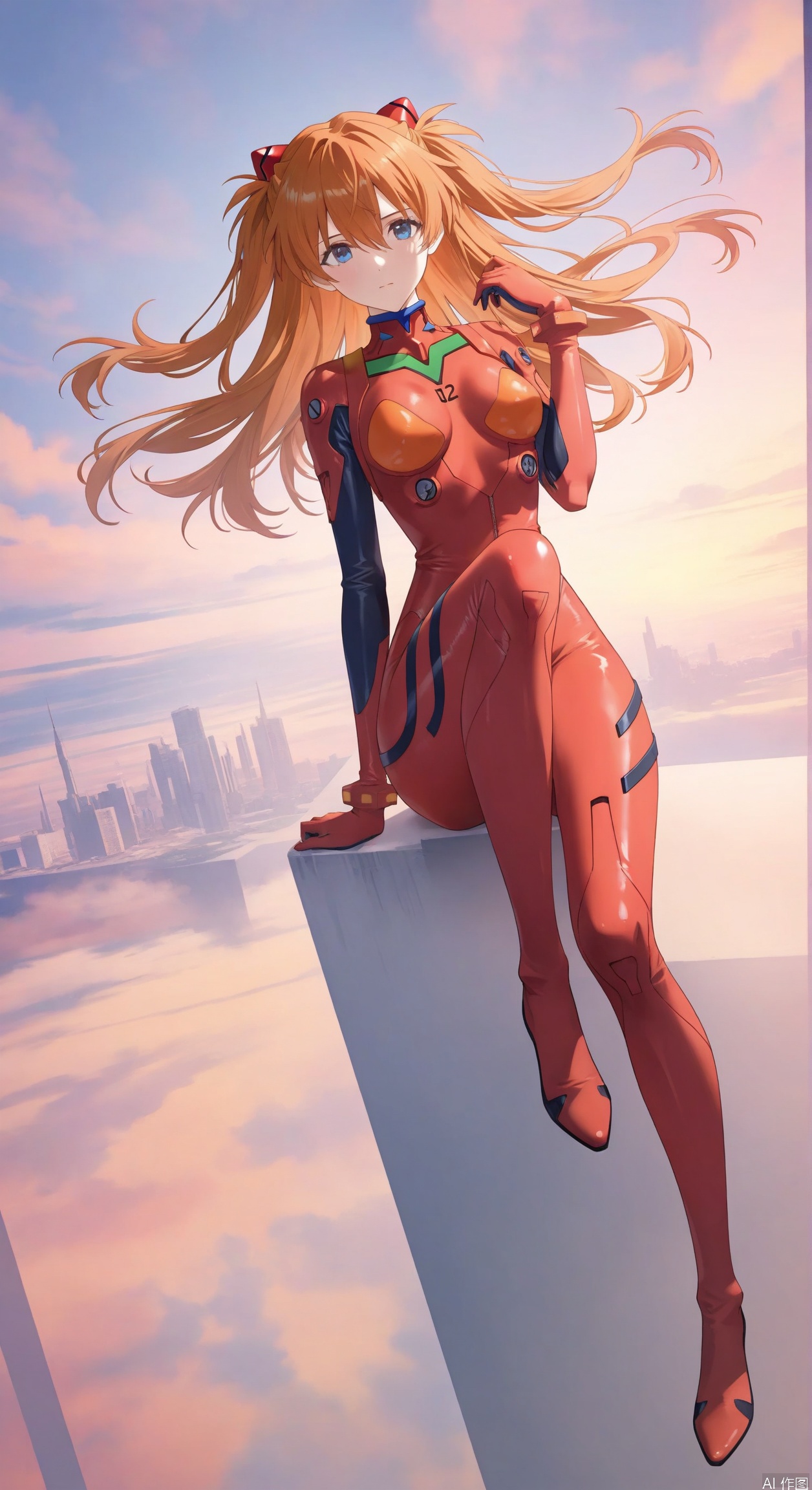 Asuka Langley Soryu (Neon Genesis Evangelion),1girl,souryuu asuka langley,plugsuit,breasts,solo,red bodysuit,long hair,blue eyes,bodysuit,sitting,orange hair,interface headset,pilot suit,science fiction,hair between eyes,looking at viewer,medium breasts,full body,floating hair,closed mouth,skin tight,sky,Close-up details,whirls of vapor,iridescent textures,(Anime:1.1),soft neon light,ethereal ambiance,delicate details,magical atmosphere,concept art,highly detailed,ultra-high resolution,32K UHD,sharp focus,best-quality,masterpiece,golden hour,unconventional supreme masterpiece,masterful details,temperate atmosphere,with a high-end texture,in the style of fashion photography,cover,Dynamic Angle,Dynamic posture,cover,Dynamic Angle,Dynamic posture,