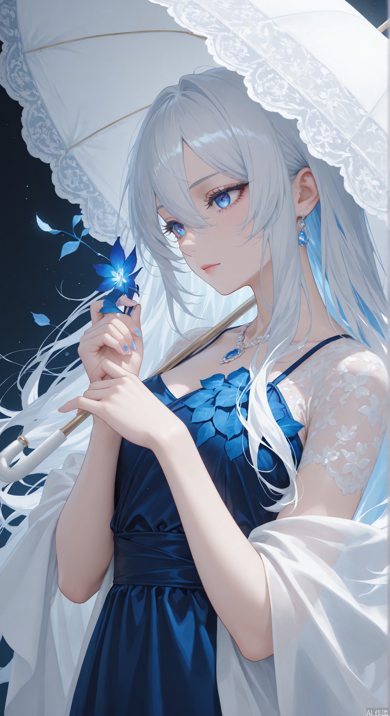 (high quality, woman, elegant pretty face, female focus, solo) (white hair, Long hair), (one dark blue eye, one lighter blue eye, eyelashes), 1girl, beautiful eyes, detailed hair, detailed eyes, masterpiece, best quality, high resolution, 4k, perfect illustration, detailed art style,(rococo dress),full_body, pale, whiter skin, glow blue, cool tone, hair between eyes, (holding white parasol with blue leaves on bottom in hand), handfixer,