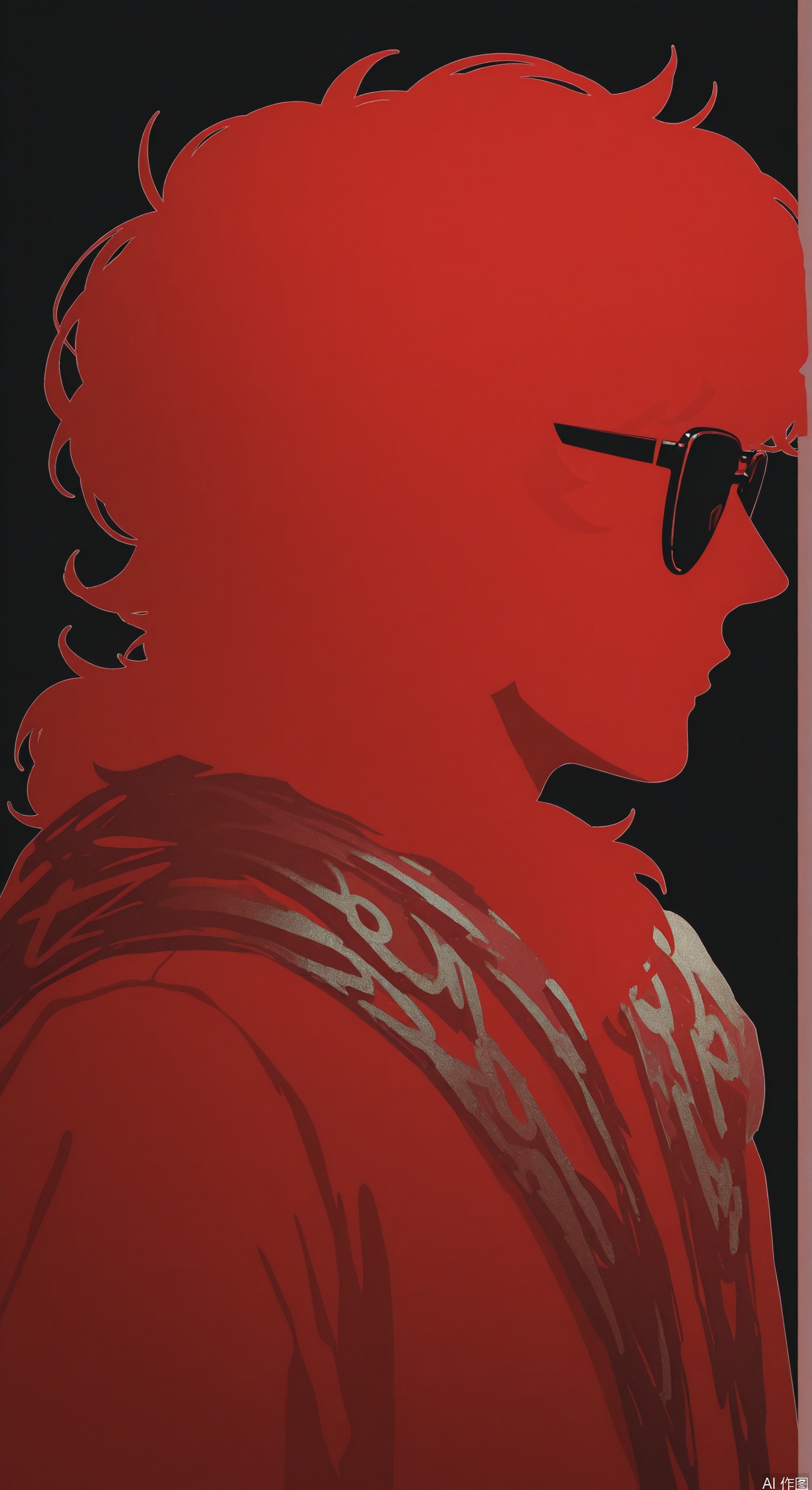album cover,1boy,solo, black background, graffiti, flat lighting, red theme,red outline, monochrome, body fur, white fur, sheep man, glitch, white outline, thick outline, red theme, blurry, minimalism, sunglasses, from side, gold chains,