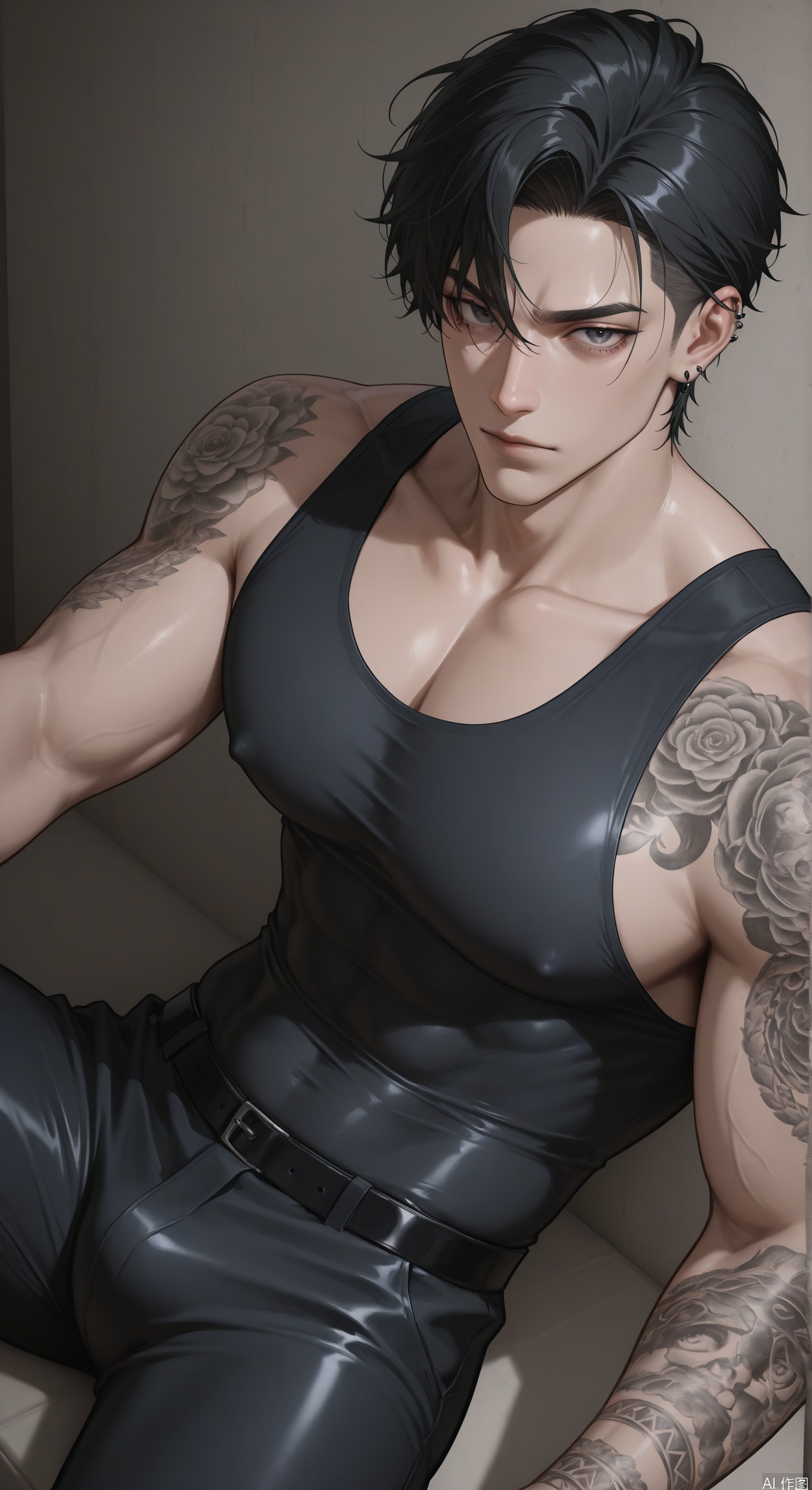 (extremely detailed CG unity, masterpiece), (8k resolution), extremely high detail, digital art style, drawn aesthetic, concept painting, ultrahigh definition, dynamic angle, image depth, action shot, dynamic, nijibb,1boy, bishounen, handsome man, black hair, sitting, looking at viewer, punk, shaven sides, tattoos, cowboy shot, tight fitting
