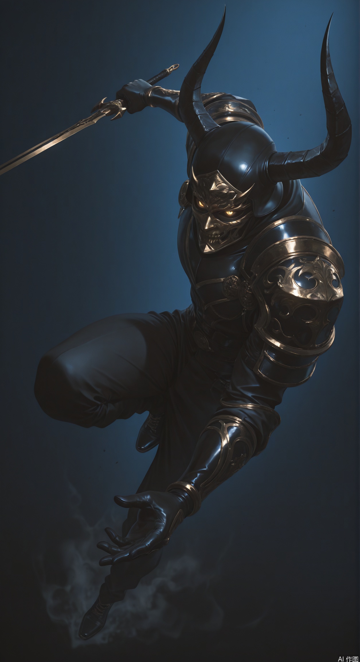 (masterpiece, best quality, newest, absurdres, highres),1boy, mask, gold and black theme, simple background, blue background, dynamic pose, action pose, black hair, cap, black attire, urban wear, gold, jewelry, horns, golden eyes, eyelashes, looking at viewer, smoke, glowing eyes, action shot, dynamic pose, high angle, full body, black smoke, chaos, holding sword,blurry background, dark lighting, dark background, dof, depth of field, detailed line work, low key, dramatic lighting, dark theme