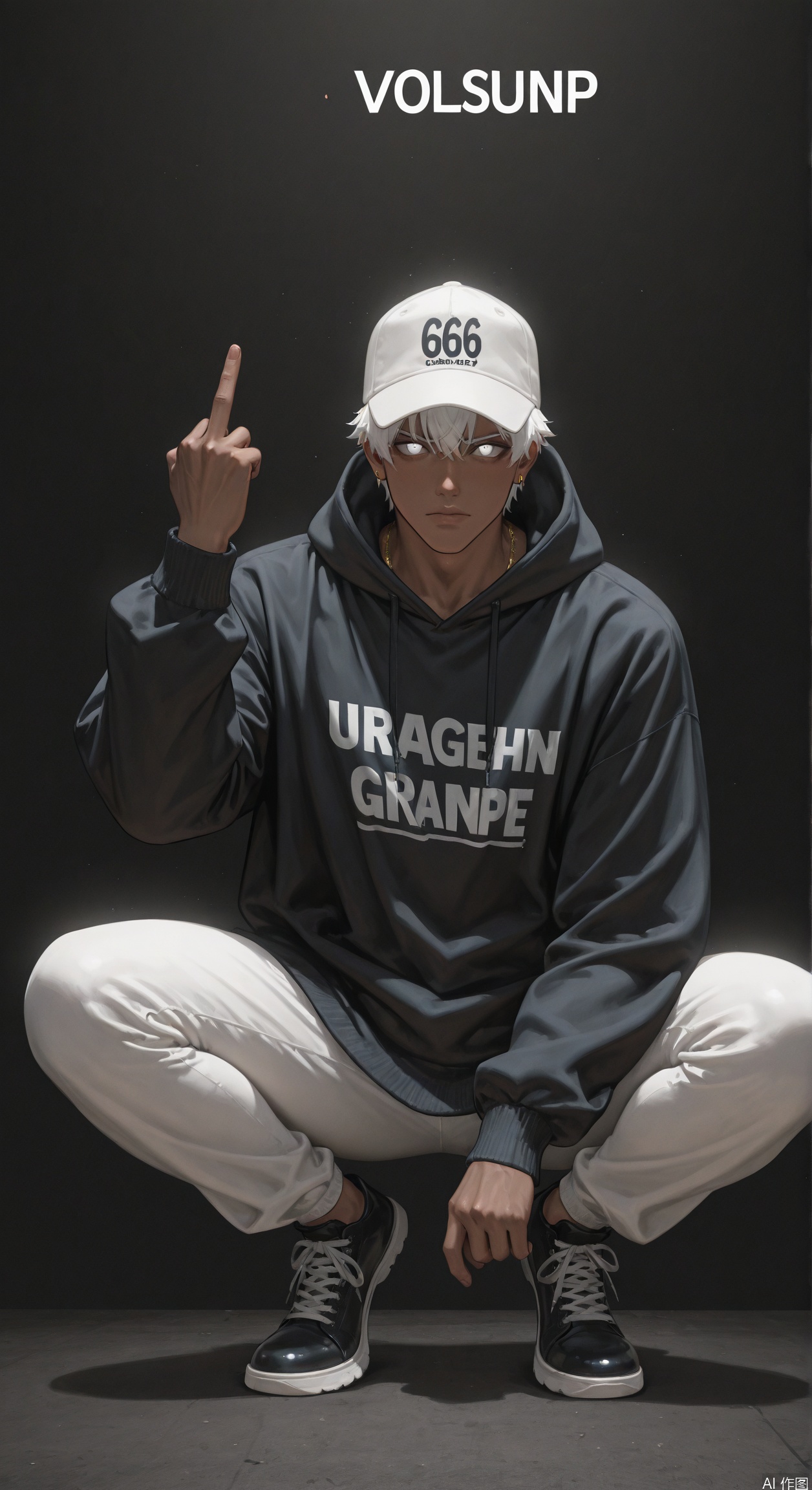 (masterpiece, best quality, absurdres, highres), amazing quality, very aesthetic, volumetric lighting, digital art style, drawn aesthetic, concept painting, ultrahigh definition,1boy, white baseball cap, white eyes, black background, simple background, thug, urban wear, baggy clothing, middle finger up, hand up, gold jewelry, gangsta rap style, black hoody, dark skin, white hair, squatting, full body, looking at viewer, 6669, english text, album cover