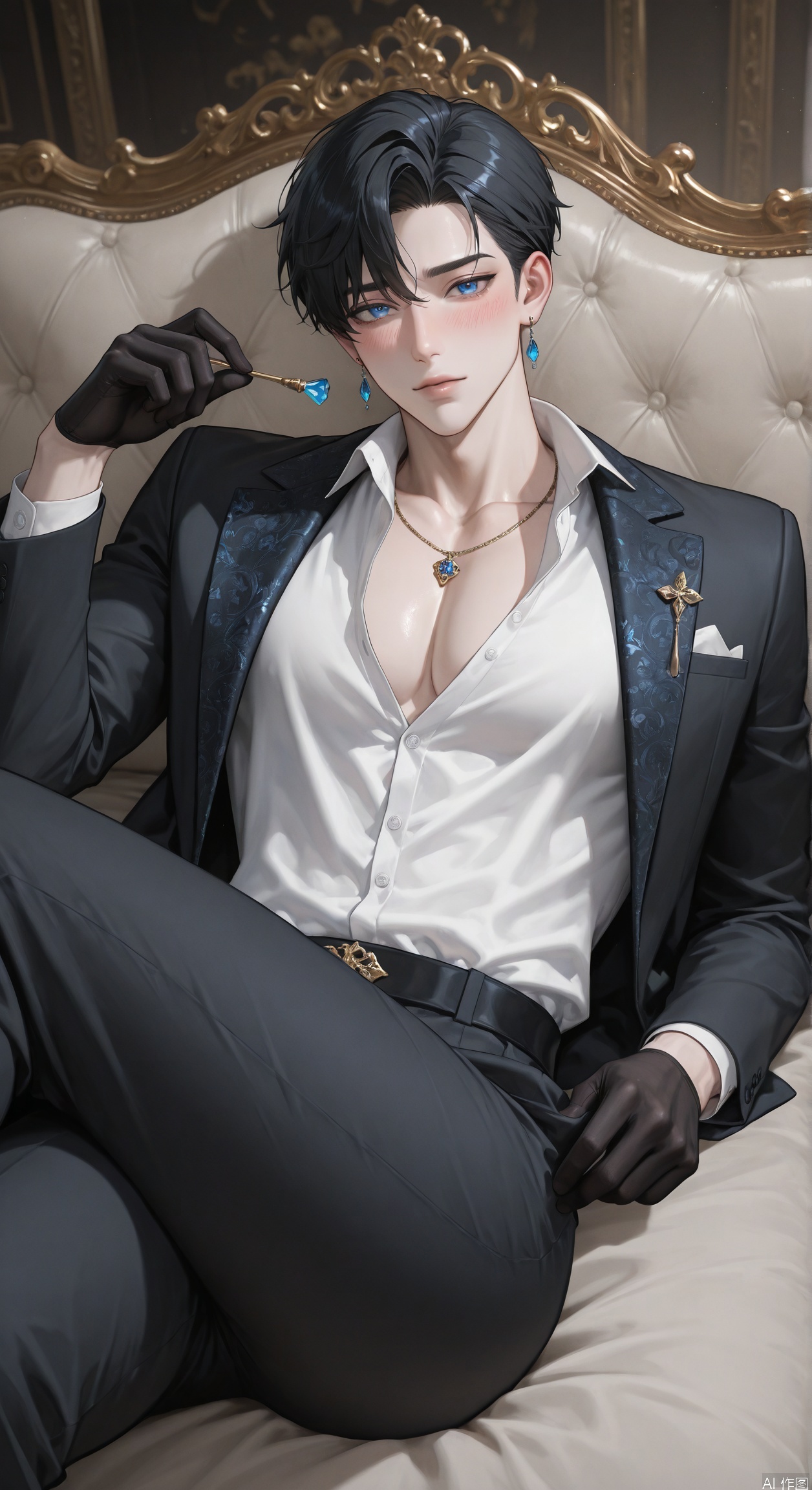 (masterpiece, best quality, newest, absurdres, highres), (8k resolution), extremely high detail, digital art style, drawn aesthetic, concept painting, ultrahigh definition,amazing quality,ultra-detailed,delicate illustration, Best Shadows, very detailed, scenery,depth of field, volumetric, beautiful face, perfect face, detailed face, very detailed face, perfect_eyes, (finely detailed beautiful eyes: 1.2), pale_skin, blush, short hair, black hair, blue_eyes, 1boy, male focus, solo, looking at viewer, shirt, gloves, charmed_face, sexy, long sleeves, holding, jewelry, white shirt, lying, crossed_legs, on back, earrings, black gloves, collared shirt, necklace, lips, black jacket, formal,txznf,flat style