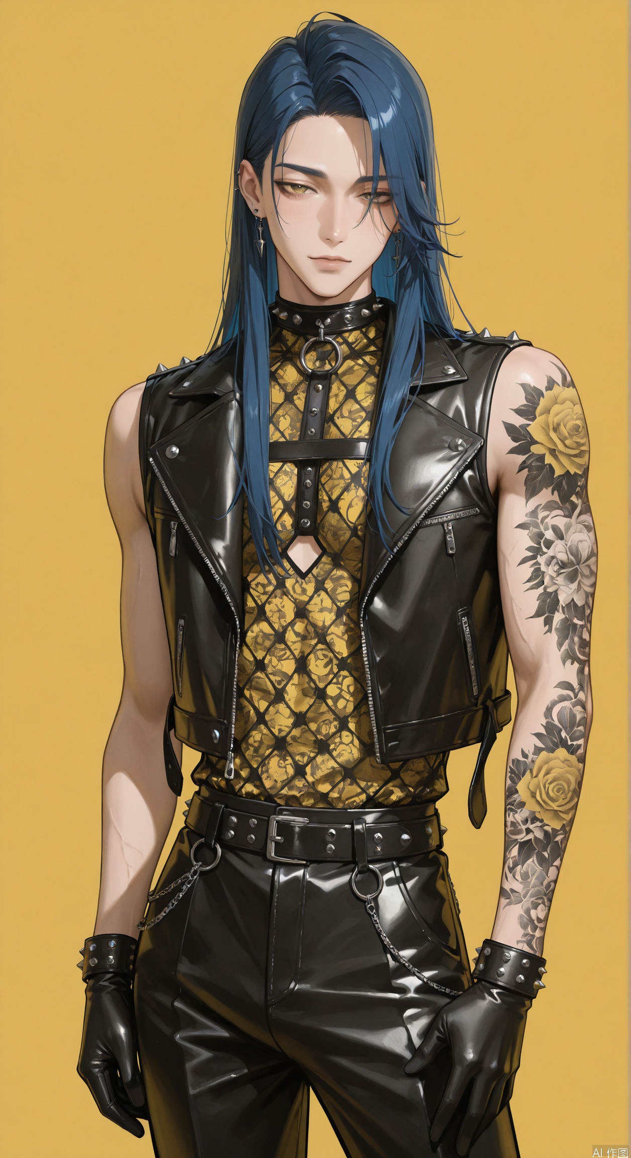 (masterpiece, best quality, newest, absurdres, highres),1boy, solo, bishounen, thin male, cute male, straight hair, simple background, looking at viewer, detailed background, punk, black and yellow theme, blue hair, half-closed eyes, leather jacket, studs, cowboy shot, black gloves, arm tattoos, sleeveless, cutout shirt, naval