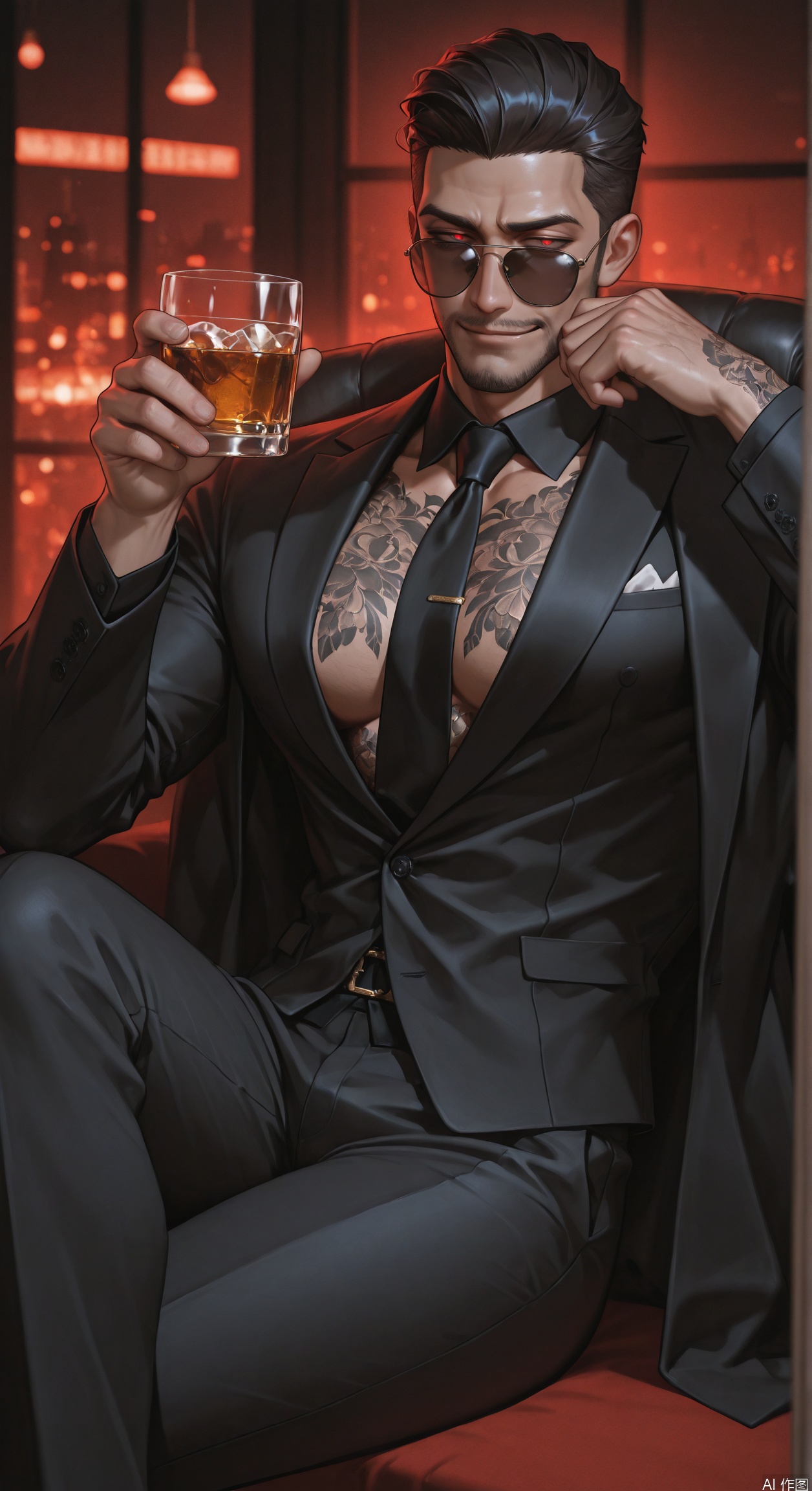 (masterpiece, best quality, absurdres, highres), amazing quality, very aesthetic, (volumetric lighting), digital art style, drawn aesthetic, concept painting, ultrahigh definition, dark red lighting, black and gold, detailed, intricate details,1male, black suit, sunglasses, noir, black neck tie, mafia, ikeman, mature male, by a window, city lights, inside, handsome male, pectorals, rugged, regal, luxurious, slick back hair, holding glass, red eyes, smirk, evil, flowy jacket, hair in face, sitting, whiskey,low key, cowboy shot, tattoos, detailed face, eyelashes, half-closed eyes, crossed leg, hand up,blurry background, dark lighting, dark background, dof, depth of field, detailed line work, low key, dramatic lighting, dark theme