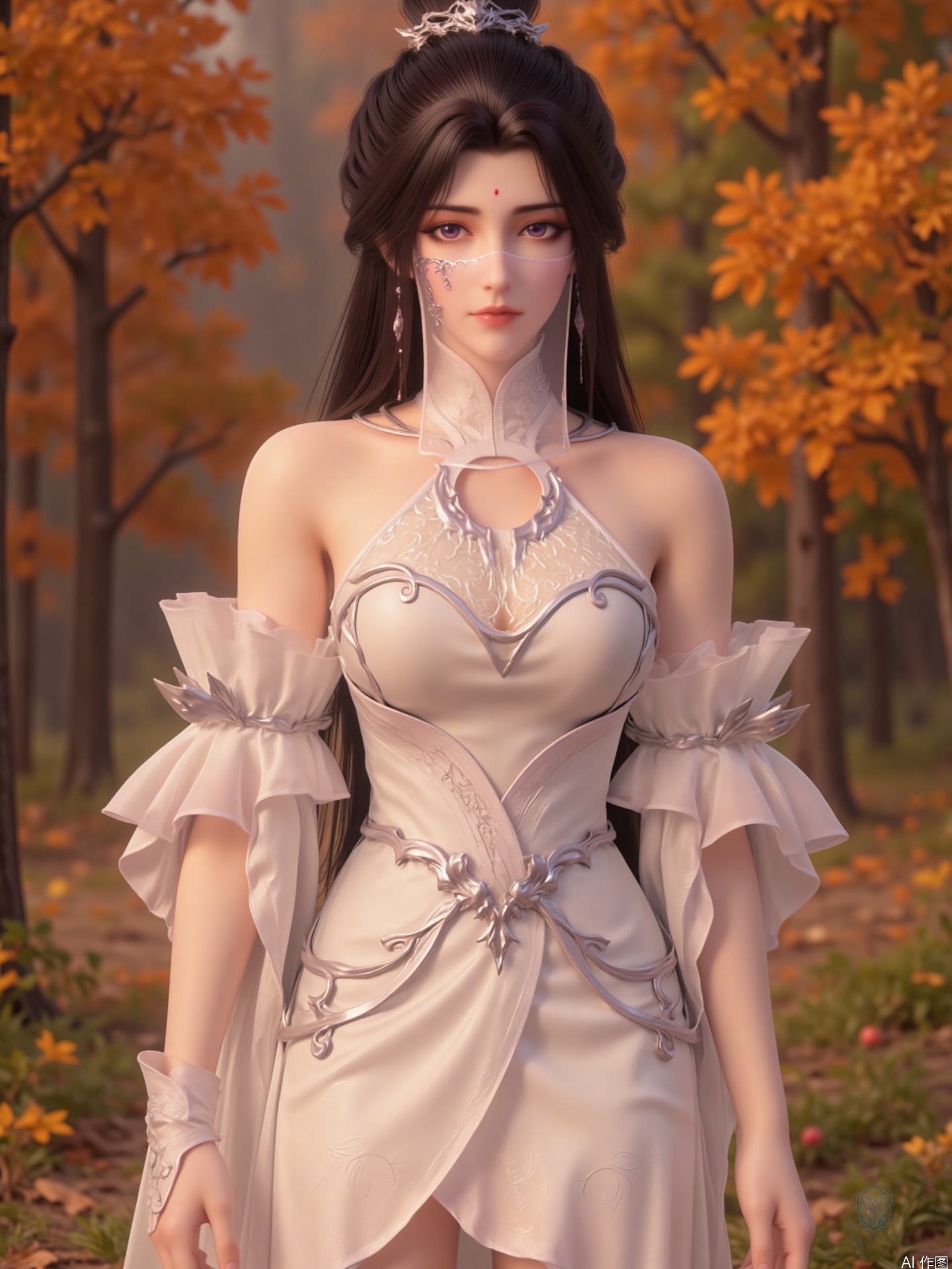 The image depicts a character in a flowing white and silver outfit, seemingly in motion, with long black hair tied in a bun. The character appears to be in an animated or digital art style, with intricate details on the outfit and accessories. The background consists of a forest with autumn-colored foliage, featuring shades of orange and green. The overall scene has a warm, natural ambiance, suggesting a serene or magical setting.