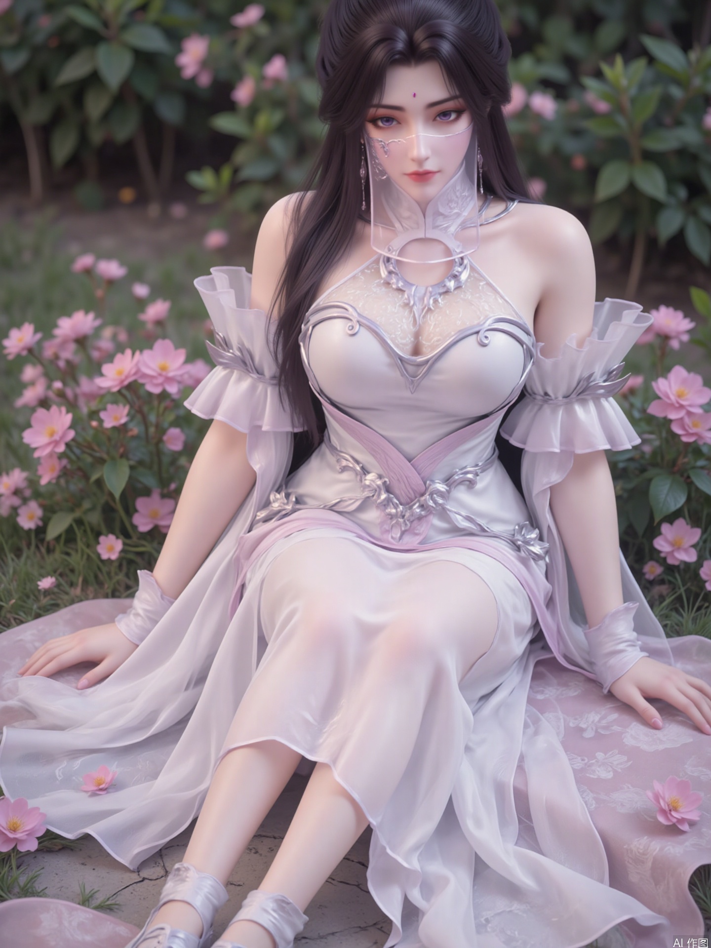 "The picture shows a woman with long black hair, with purple eyes and pink red lips, a mark on her forehead, delicate makeup, three-dimensional facial features, a part of her hair, with extreme accessories, and a silver earring and a veil, with delicate patterns on the veil, and the overall image is sweet and sexy.

She wore a gorgeous white and light pink long dress with intricate details on the dress, including floral patterns and high necklines, with exquisite accessories on it, the material of the skirt was a bit tulle texture, and white shoes were worn on her feet, which had an ancient beauty.

She sat in a place covered with floral pattern fabric, surrounded by pink flowers, with a soft veil and lush greenery in the background, creating a romantic and beautiful atmosphere as a whole. "