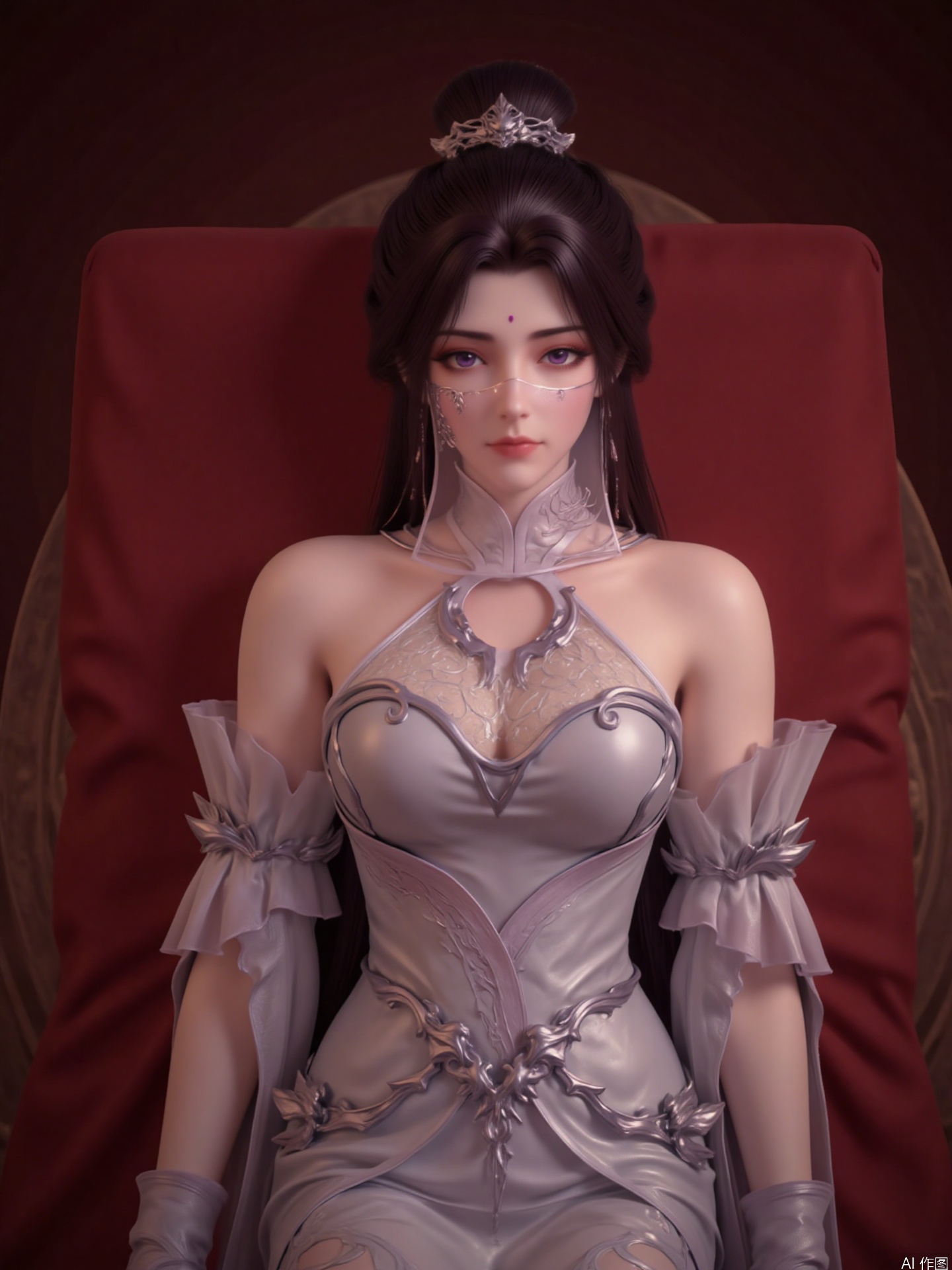The image depicts a character lying down on a red surface, wearing intricate, silver-colored armor with delicate, lace-like patterns. The armor covers the chest and arms, and the character has a serene expression. The background is a plain, dark brown surface, and the overall scene has a soft, warm lighting. The character's hair is dark and styled, and there are subtle decorative elements on their face, such as small dots and intricate designs. The armor features a blend of elegance and strength, with a focus on the chest and shoulder areas.