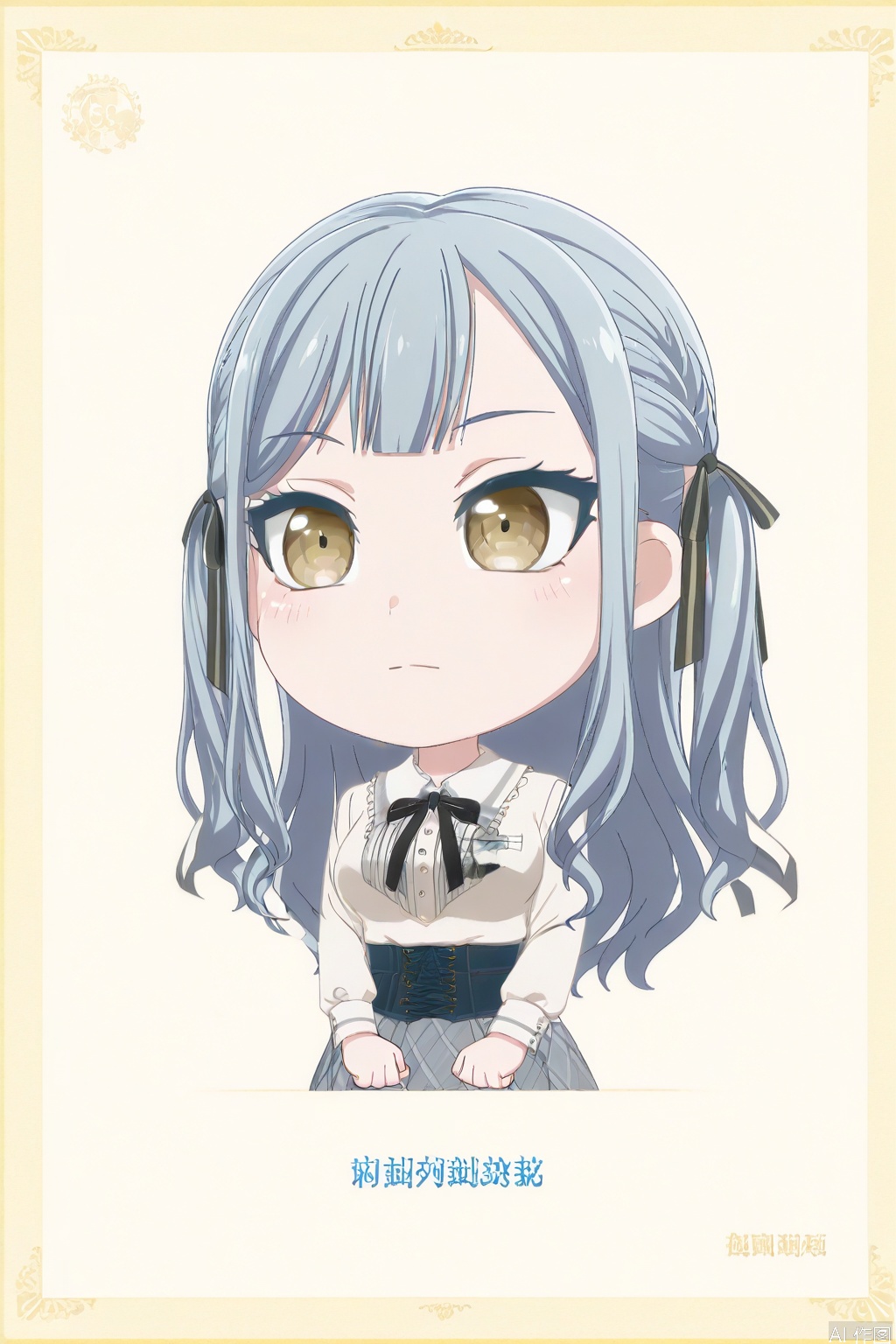 pico_style,artist:pico,chibi
togawa sakiko,long hair, bangs, ribbon, blue hair,hair ribbon, two side up, black ribbon,yellow eyes,grey hair,sidelocks,blunt bangs