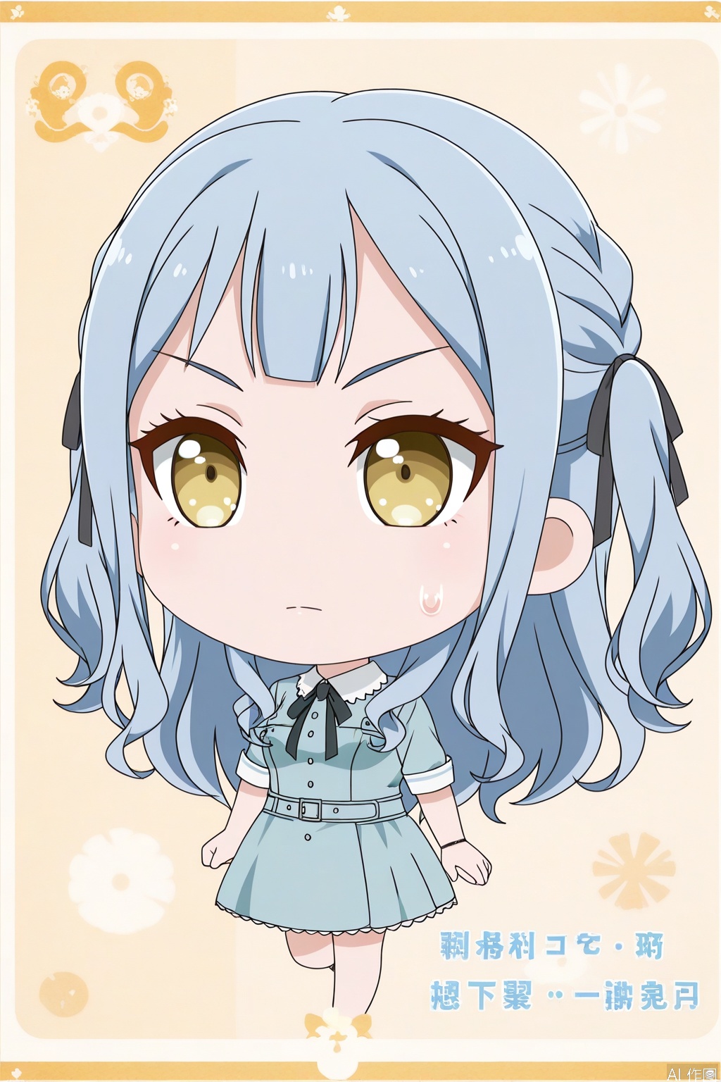 pico_style,artist:pico,chibi
togawa sakiko,long hair, bangs, ribbon, blue hair,hair ribbon, two side up, black ribbon,yellow eyes
