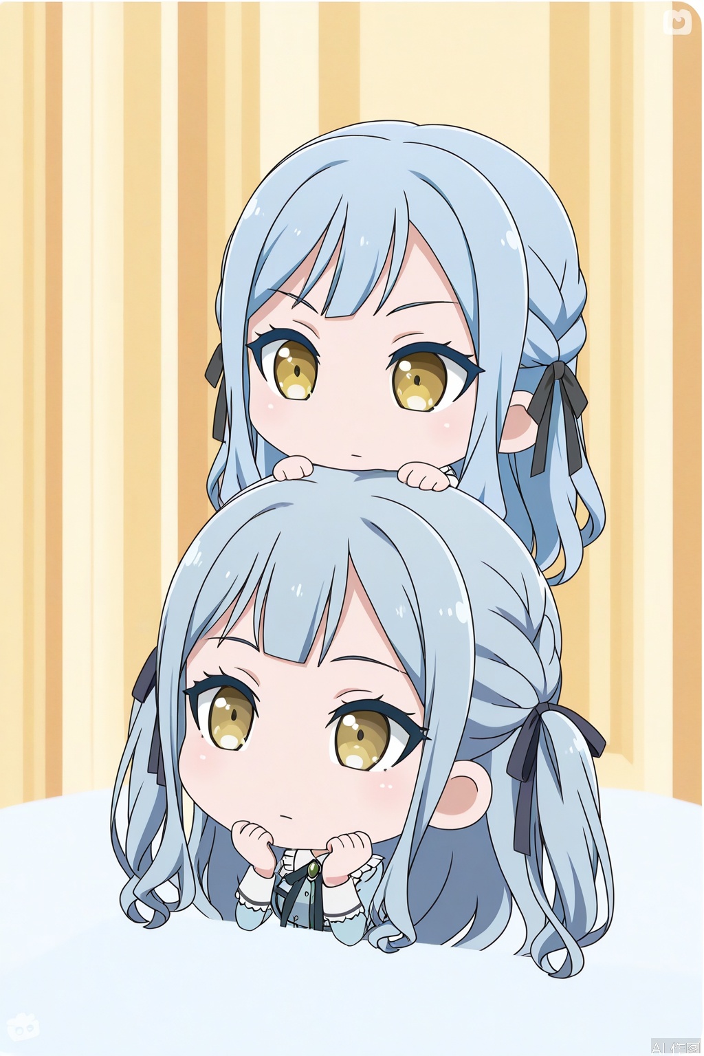 pico_style,artist:pico,chibi
togawa sakiko,long hair, bangs, ribbon, blue hair,hair ribbon, two side up, black ribbon,yellow eyes