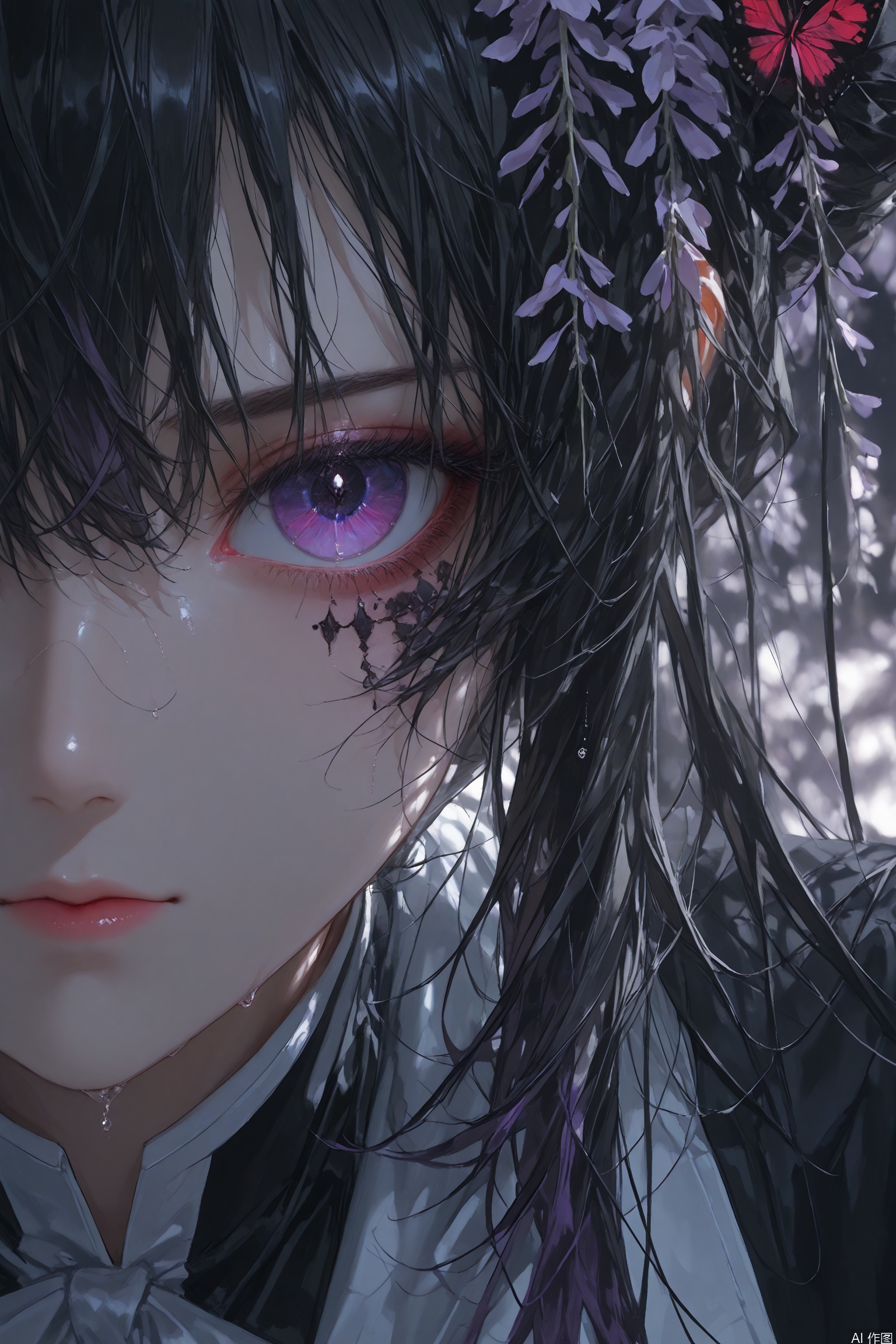 A solo portrait of a girl with purple eyes and multicolored hair, adorned with butterfly-shaped hair ornaments, dressed in Demon Slayer uniform. She gazes intensely at the viewer with closed mouth and luscious eyelashes. In the blurred background, wisteria flowers bloom amidst a sea of purple hues. Framed by a shallow depth of field, her face dominates the shot, with the black hair and short locks framing her demonically beautiful features. The camera zooms in on half of her face, showcasing the intricate details of her makeup and jewelry. Artist Quasarcake's extreme aesthetic shines through in this mesmerizing close-up.(artist:quasarcake:0.9),extreme aesthetic,(wlop:0.8),(face: 1.5),(Right face: 1.8,close-up of the face,Light and darkness are intertwined,Half of the face,Facial division, center cut