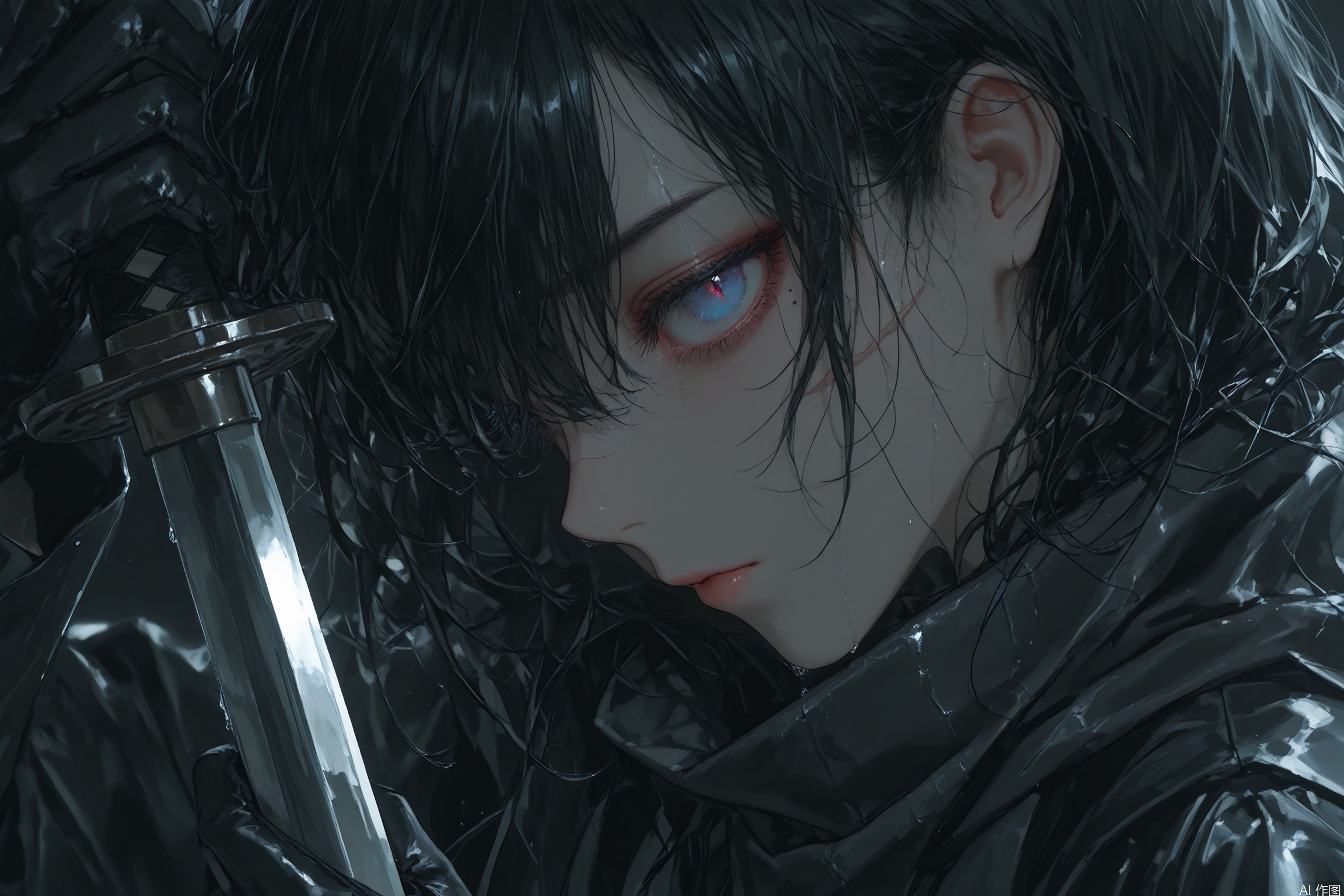 (artist:quasarcake:0.9),extreme aesthetic,(wlop:0.8),close-up of the face,Light and darkness are intertwined,Half of the face,profile,face_focus,Front face

weapon, purple eyes, solo, sword, 1girl, holding, holding sword, holding weapon, katana, looking at viewer, mole under eye, spot color, covered mouth, black hair, monochrome, black theme, upper body, black background, scarf, mole, gloves

solo, 1girls,male focus, blue eyes, looking at viewer, portrait, blurry, slit pupils, black hair, close-up, closed mouth, scar, hair between eyes, depth of field, lips, eyelashes, wet, scar on face, wet hair