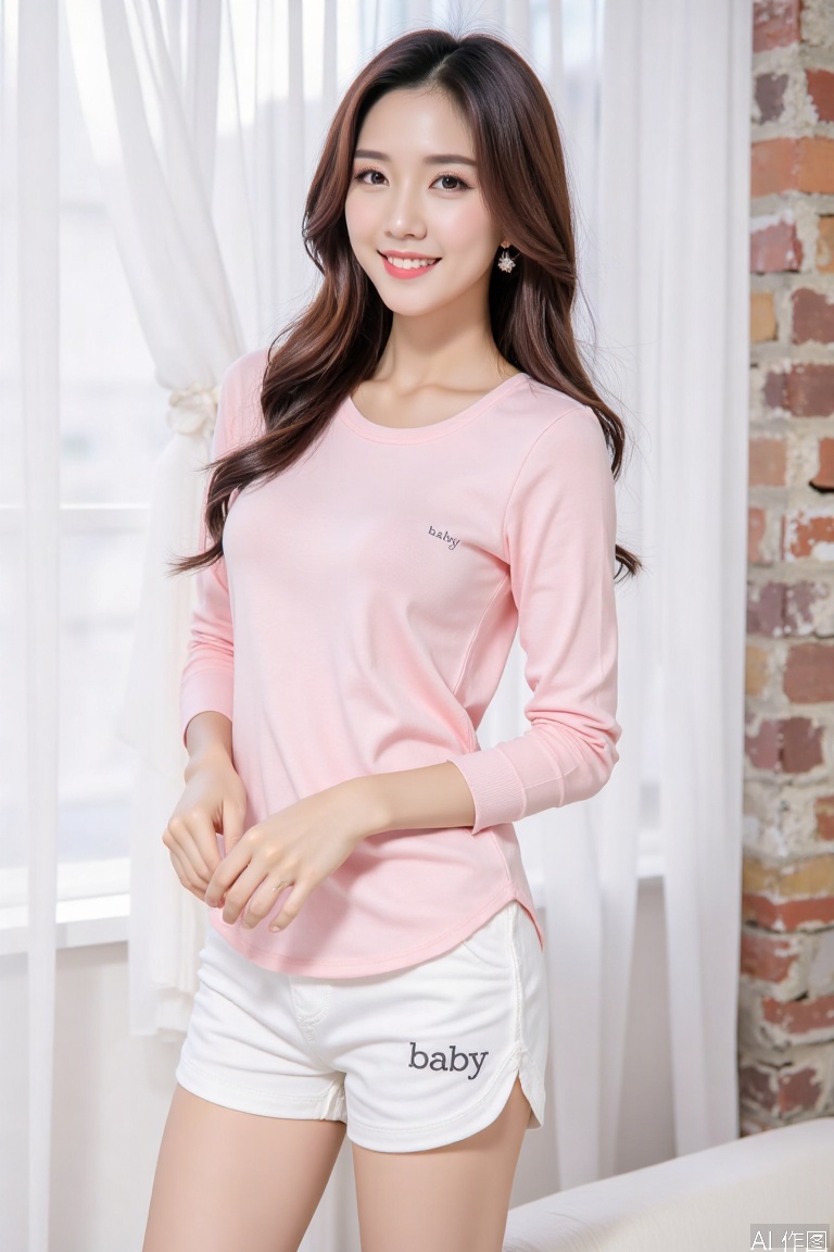 The woman in the picture is wearing a pink long-sleeved top and white shorts with the words "baby" printed on it,  standin...