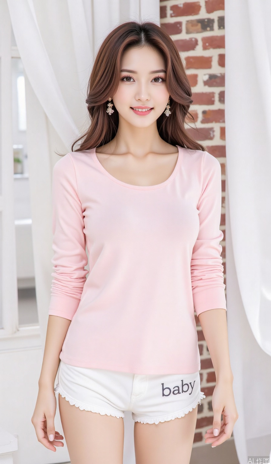 The woman in the picture is wearing a pink long-sleeved top and white shorts with the words "baby" printed on it,  standin...