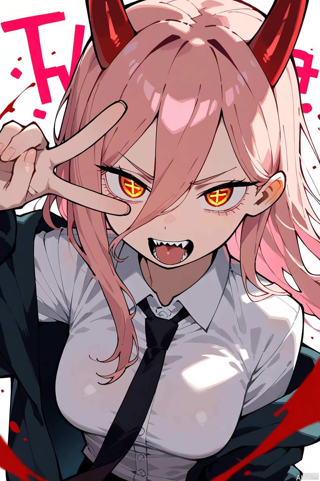 best quality, amazing quality, very aesthetic,1girl,power (chainsaw man),sharp teeth,horns,teeth,shirt,long hair,pink hair,open mouth,solo,breasts,collared shirt,hair between eyes,v,cross-shaped pupils,necktie,red horns,white shirt,looking at viewer,black necktie,symbol-shaped pupils,demon horns,red eyes,jacket,upper body,dress shirt,floating hair,long sleeves,black jacket,wing collar,fangs,open clothes,large breasts,tongue,white background,copyright name,off shoulder,demon girl,open jacket,foreshortening,blood,medium breasts