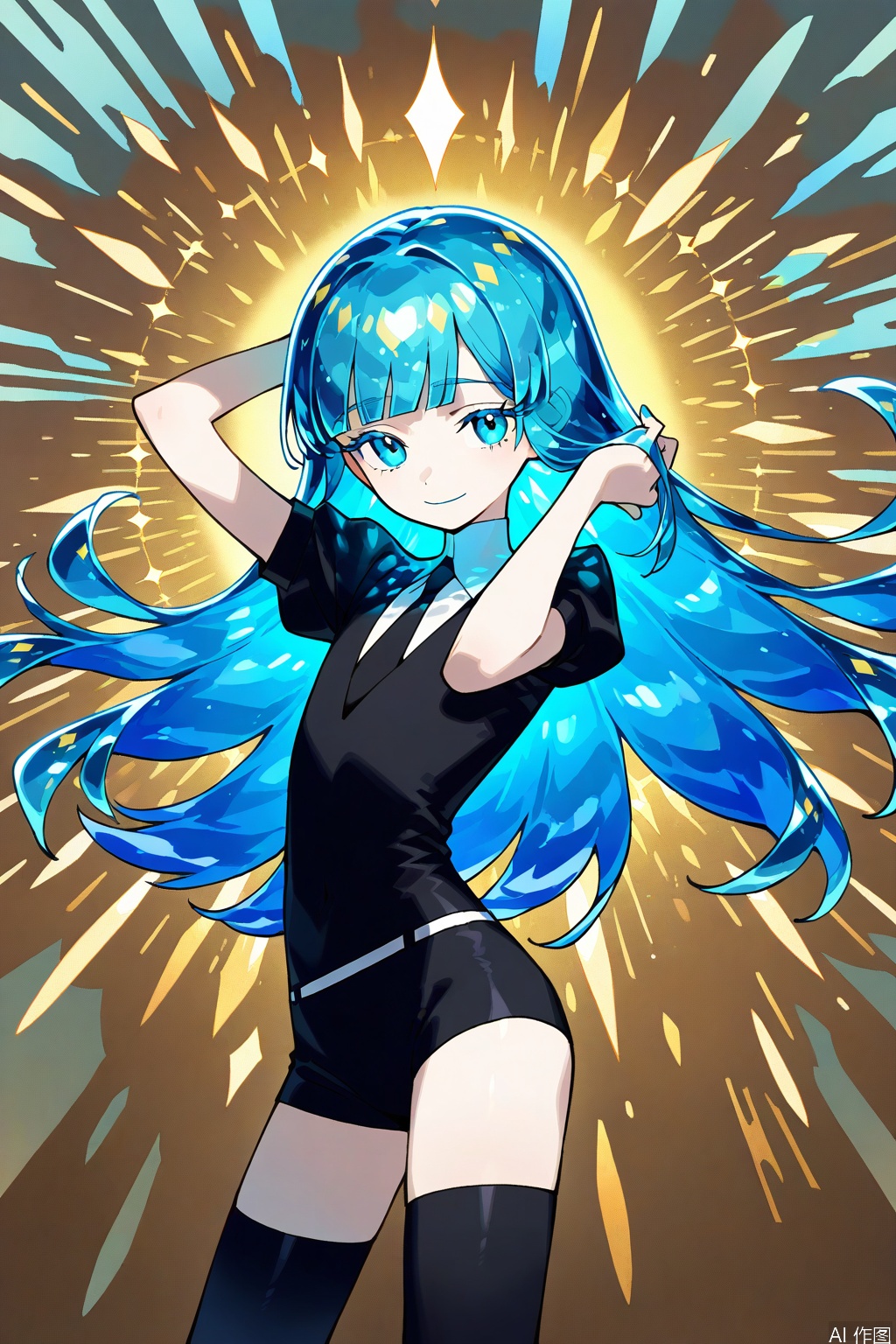 best quality, amazing quality, very aesthetic,1other,adjusting_hair,androgynous,artist_name,bangs,blue_eyes,blue_hair,blunt_bangs,character_name,colored_eyelashes,cowboy_shot,crystal_hair,diamond_(gemstone),eyebrows_visible_through_hair,gem,gem_uniform_(houseki_no_kuni),gold,long_hair,looking_at_viewer,necktie,smile,solo,sparkle,thighhighs