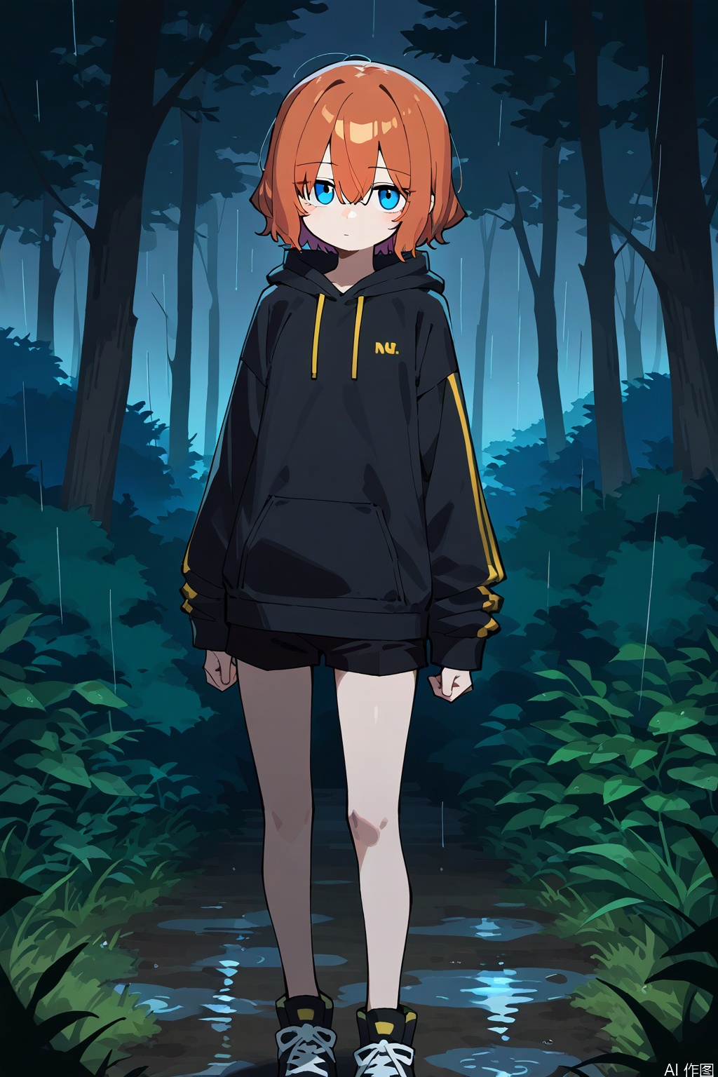 best quality, amazing quality, very aesthetic,bangs,black_shirt,black_shorts,blue_eyes,bush,forest,full_body,grass,hair_between_eyes,hood,hood_down,hooded_jacket,hoodie,jacket,long_sleeves,looking_at_viewer,nature,night,outdoors,plant,rain,shirt,shoes,short_hair,shorts,sneakers,solo,standing,tree