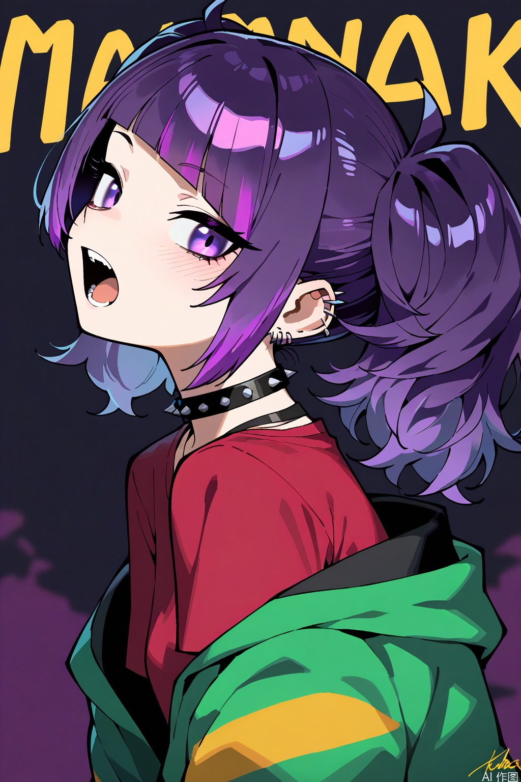 best quality, amazing quality, very aesthetic,1girl,solo,tanaka mamimi,spikes,open mouth,jacket,diagonal bangs,twintails,collar,purple hair,purple eyes,spiked collar,looking at viewer,green jacket,upper body,shirt,red shirt,signature,open clothes,choker,character name,open jacket,from side,spiked choker,blush,teeth,multicolored hair,short twintails,long hair