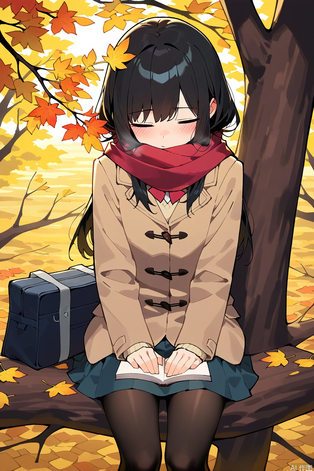 best quality, amazing quality, very aesthetic,1girl,solo,long hair,scarf,black hair,pantyhose,leaf,skirt,red scarf,black pantyhose,closed eyes,blush,branch,book,autumn leaves,school uniform,jacket