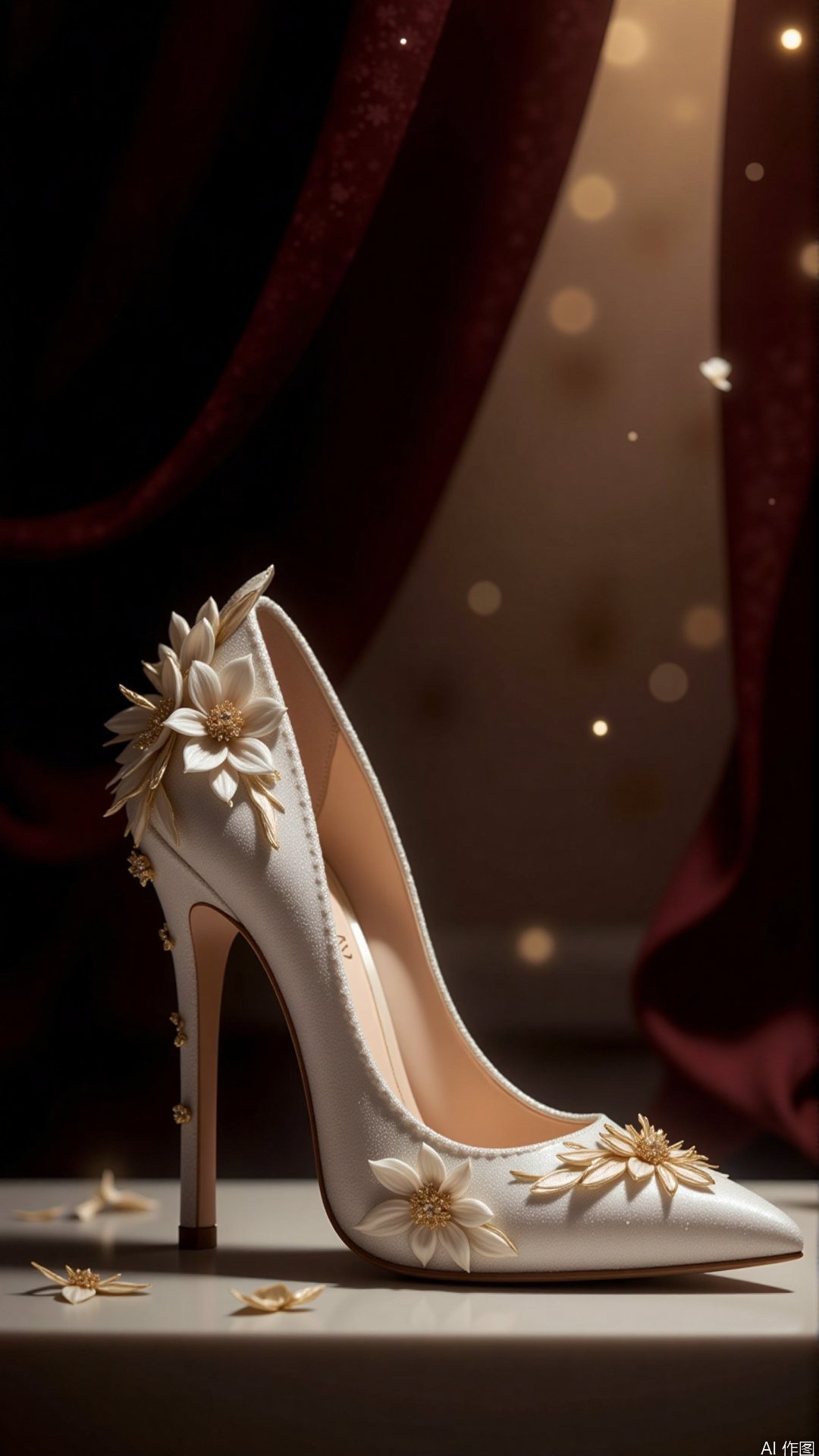 Background Atmosphere: Dark velvet drapery accentuates the white embossed high heels' luxury, with a hazy, floating effect of pearl-like particles in the backdrop. Lighting: Dual softboxes at 45-degree side lighting combined with an overhead spotlight to sculpt the metallic relief details, with golden halos highlighting the heel curves. Artistic Style: Gregory Crewdson's dramatic composition blended with Annie Leibovitz's jewelry photography techniques. Gear: Canon EOS R5 with RF 100mm F2.8 Macro, settings at ISO100, f/8, 1/125s, tripod-mounted. Color Palette: Warm gold tones contrast with cool silver embossing, with amber gradients in the shadows. Special Effects: Macro depth-of-field blur, enhanced HDR texturing on relief patterns, and dynamic light flares intensifying metallic reflections.,plns_high heels