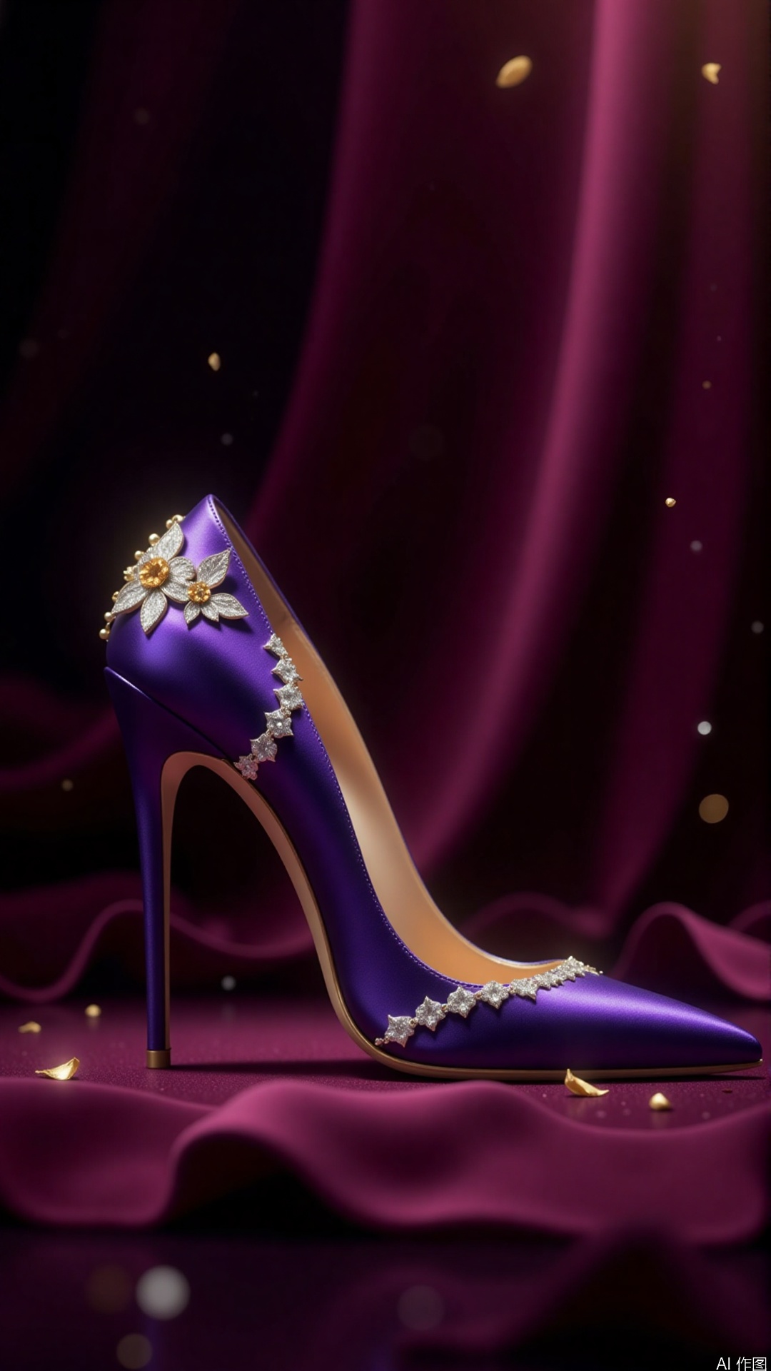 Background Atmosphere: Dark velvet drapery accentuates the purple embossed high heels' luxury, with a hazy, floating effect of pearl-like particles in the backdrop. Lighting: Dual softboxes at 45-degree side lighting combined with an overhead spotlight to sculpt the metallic relief details, with golden halos highlighting the heel curves. Artistic Style: Gregory Crewdson's dramatic composition blended with Annie Leibovitz's jewelry photography techniques. Gear: Canon EOS R5 with RF 100mm F2.8 Macro, settings at ISO100, f/8, 1/125s, tripod-mounted. Color Palette: Warm gold tones contrast with cool silver embossing, with amber gradients in the shadows. Special Effects: Macro depth-of-field blur, enhanced HDR texturing on relief patterns, and dynamic light flares intensifying metallic reflections.,plns_high heels