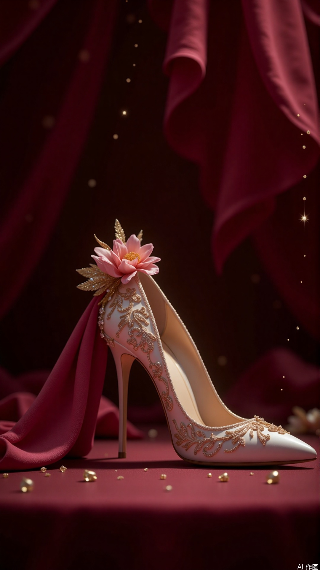 Background Atmosphere: Dark velvet drapery accentuates the pink embossed high heels' luxury, with a hazy, floating effect of pearl-like particles in the backdrop. Lighting: Dual softboxes at 45-degree side lighting combined with an overhead spotlight to sculpt the metallic relief details, with golden halos highlighting the heel curves. Artistic Style: Gregory Crewdson's dramatic composition blended with Annie Leibovitz's jewelry photography techniques. Gear: Canon EOS R5 with RF 100mm F2.8 Macro, settings at ISO100, f/8, 1/125s, tripod-mounted. Color Palette: Warm gold tones contrast with cool silver embossing, with amber gradients in the shadows. Special Effects: Macro depth-of-field blur, enhanced HDR texturing on relief patterns, and dynamic light flares intensifying metallic reflections.,plns_high heels