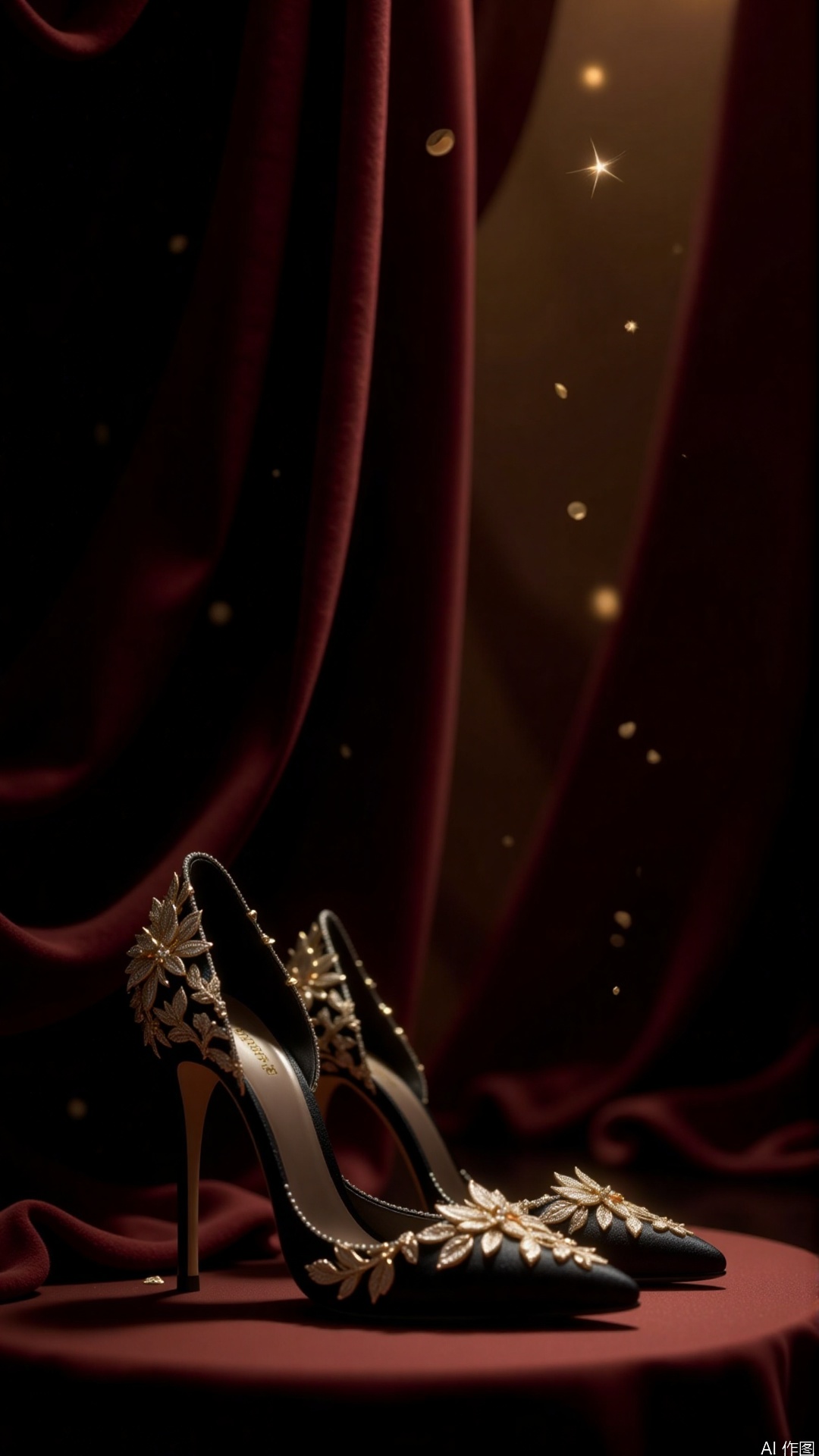 Background Atmosphere: Dark velvet drapery accentuates the black embossed high heels' luxury, with a hazy, floating effect of pearl-like particles in the backdrop. Lighting: Dual softboxes at 45-degree side lighting combined with an overhead spotlight to sculpt the metallic relief details, with golden halos highlighting the heel curves. Artistic Style: Gregory Crewdson's dramatic composition blended with Annie Leibovitz's jewelry photography techniques. Gear: Canon EOS R5 with RF 100mm F2.8 Macro, settings at ISO100, f/8, 1/125s, tripod-mounted. Color Palette: Warm gold tones contrast with cool silver embossing, with amber gradients in the shadows. Special Effects: Macro depth-of-field blur, enhanced HDR texturing on relief patterns, and dynamic light flares intensifying metallic reflections.,plns_high heels