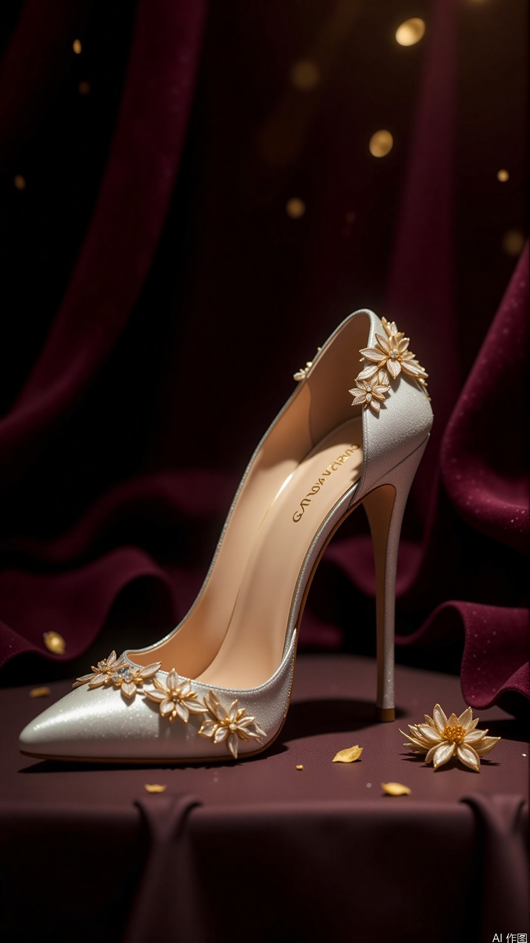 Background Atmosphere: Dark velvet drapery accentuates the embossed high heels' luxury, with a hazy, floating effect of pearl-like particles in the backdrop. Lighting: Dual softboxes at 45-degree side lighting combined with an overhead spotlight to sculpt the metallic relief details, with golden halos highlighting the heel curves. Artistic Style: Gregory Crewdson's dramatic composition blended with Annie Leibovitz's jewelry photography techniques. Gear: Canon EOS R5 with RF 100mm F2.8 Macro, settings at ISO100, f/8, 1/125s, tripod-mounted. Color Palette: Warm gold tones contrast with cool silver embossing, with amber gradients in the shadows. Special Effects: Macro depth-of-field blur, enhanced HDR texturing on relief patterns, and dynamic light flares intensifying metallic reflections.,plns_high heels