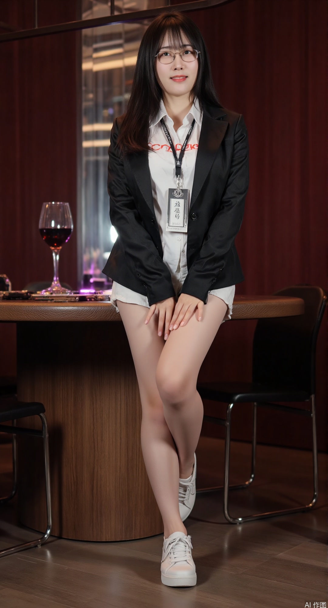 1girl, solo, long hair, looking at viewer, smile, brown hair, shirt, standing, jacket, full body, pantyhose, shoes, glasses, shorts, indoors, lips, black jacket, white footwear, lanyard
