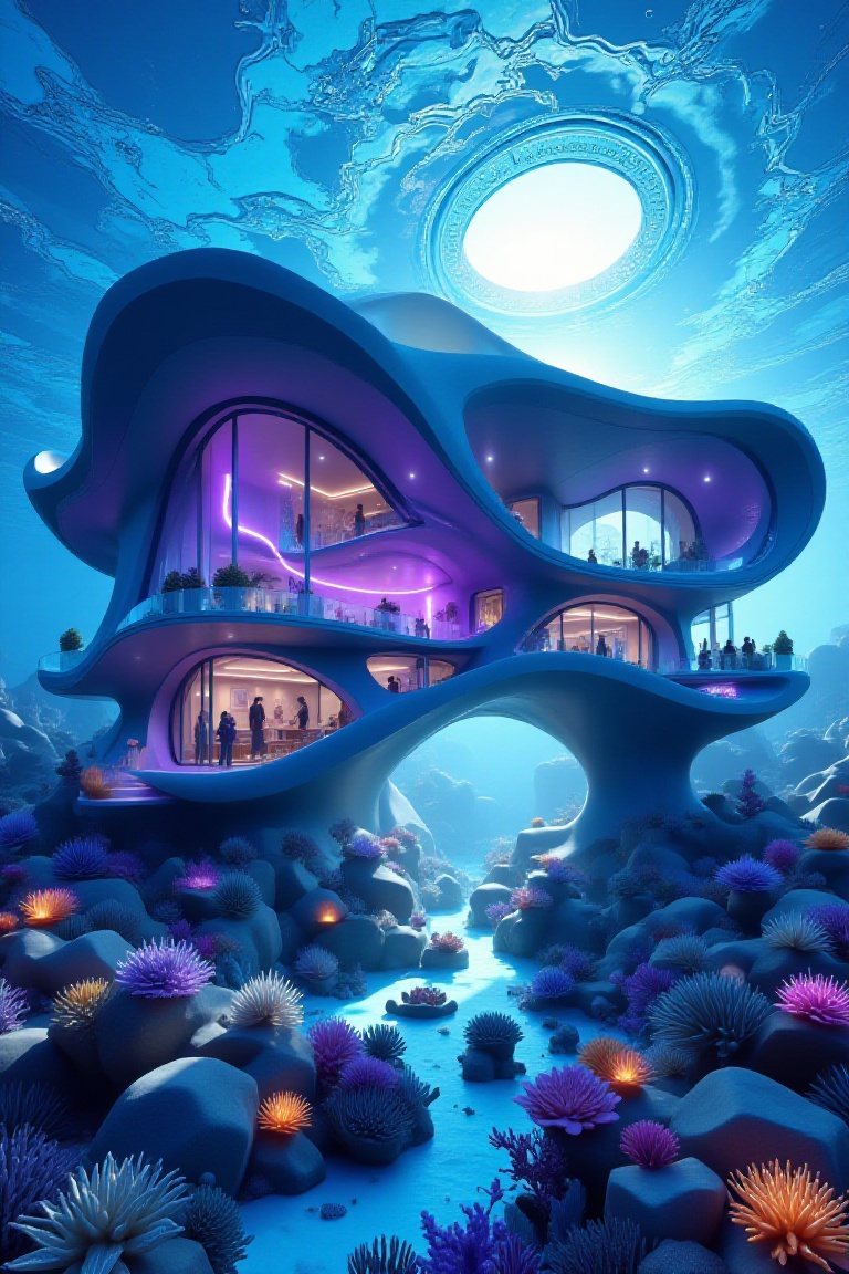 undersea world,  a modern house like a submarine,  like a modern undersea Palace on Tensor.Art