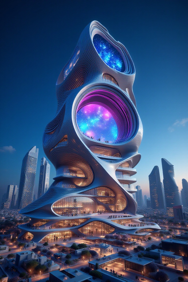 A hyper-dense futuristic megacity dominated by a breathtaking 900-meter aerodynamic skyscraper,  its entire curved facade...