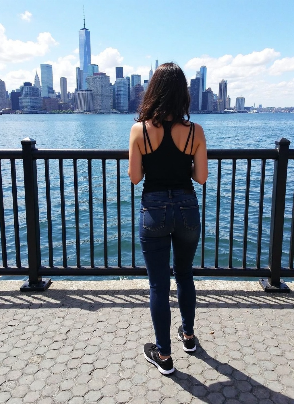 A person with dark-brown hair stands facing away from the camera,  looking out over a body of water toward a distant city...
