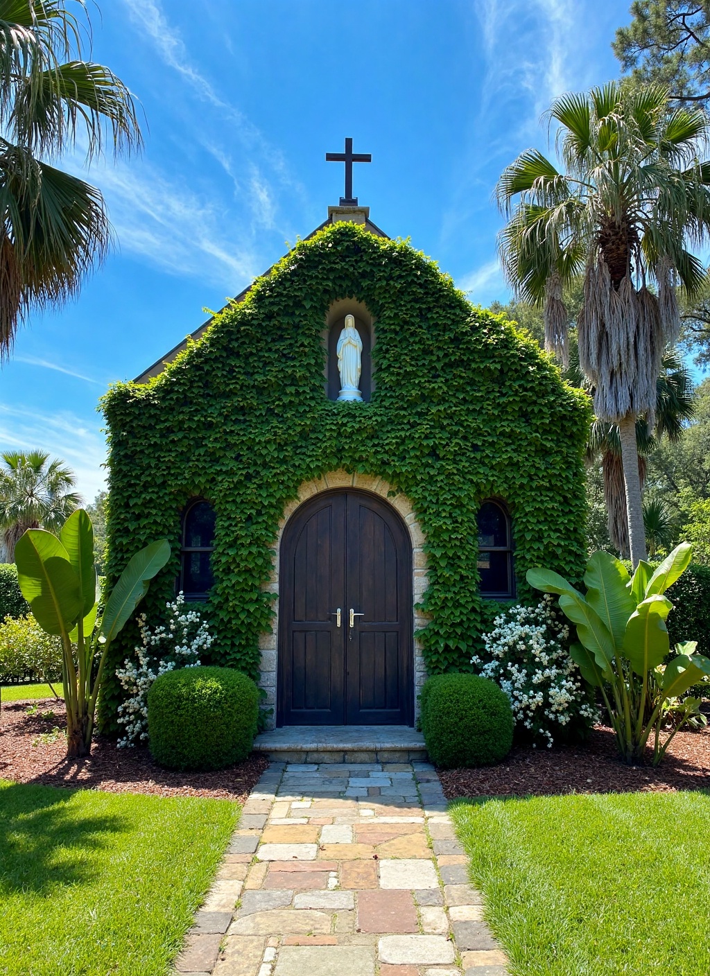 This is a picturesque,  sunlit photograph of a charming,  ivy-covered chapel or small church nestled in a lush on Tensor.Art