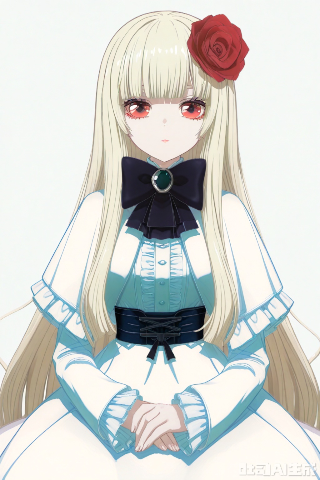 masterpiece, best quality,solo,((white background:1.2)),simple background,
looking at viewer,doll_of_saki,long hair,bangs,hair ornament,long sleeves,dress,bow,flower,hair flower,capelet,blonde hair,red eyes,blunt bangs,bowtie,black bow,rose,red flower,red rose,black bowtie